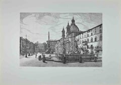 Ansicht von Piazza Navona – Radierung von Giuseppe Malandrino – 1970er Jahre