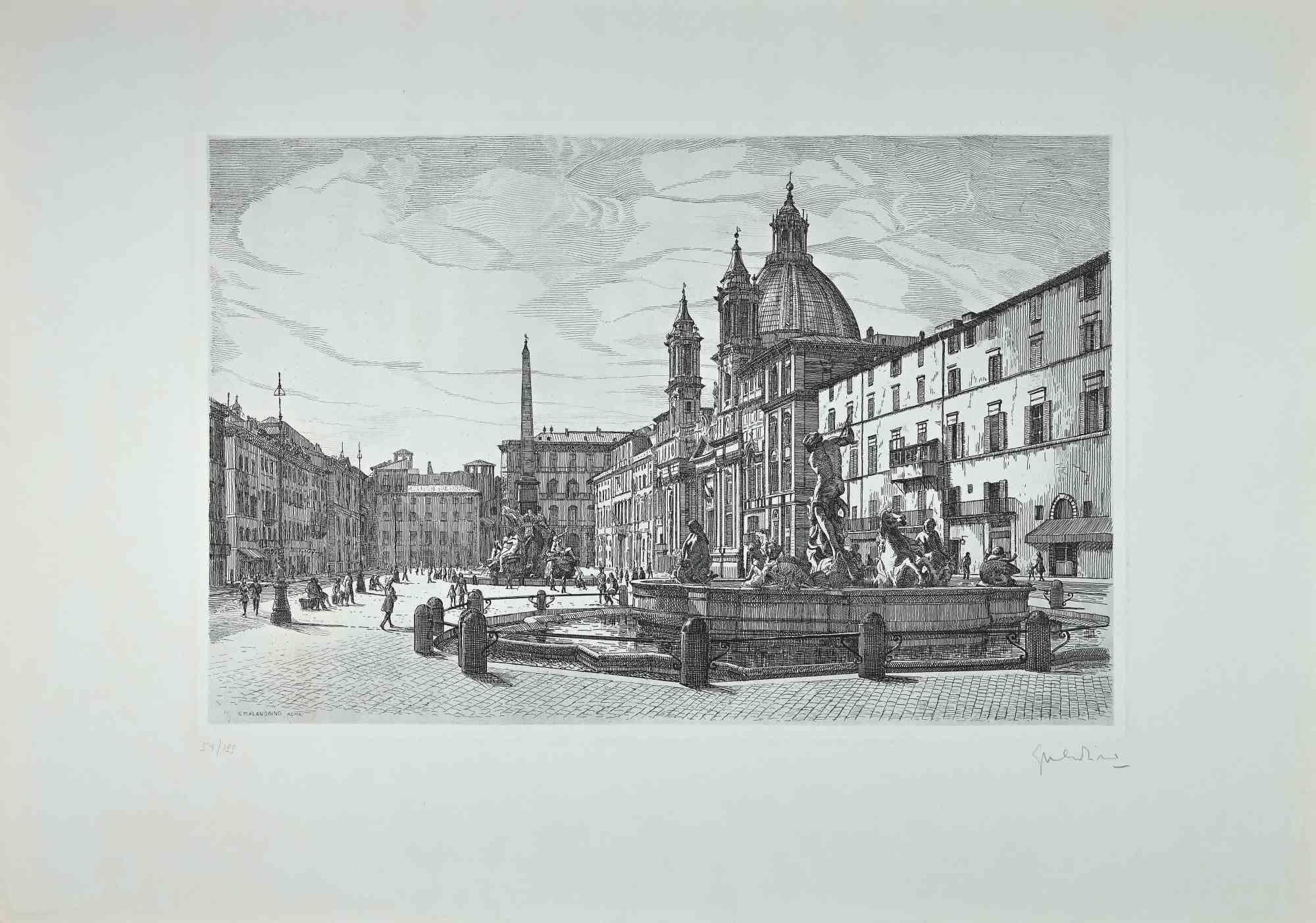 View of Piazza Navona ist ein originales zeitgenössisches Kunstwerk des italienischen Künstlers Giuseppe Malandrino aus dem Jahr 1970.  (Modica, 1910 - Rom, 1979).
 
Radierung auf Karton.
 
Handsigniert mit Bleistift in der rechten unteren Ecke.  In