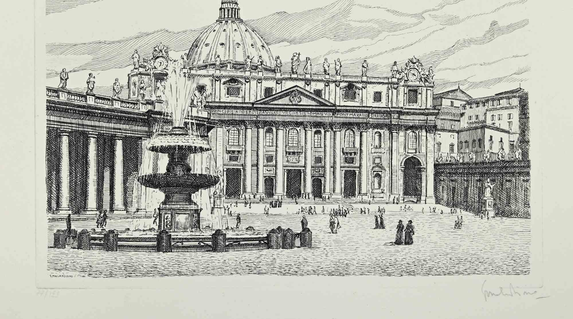 View of Saint Peter's Square - Etching by Giuseppe Malandrino - 1970s im Angebot 1