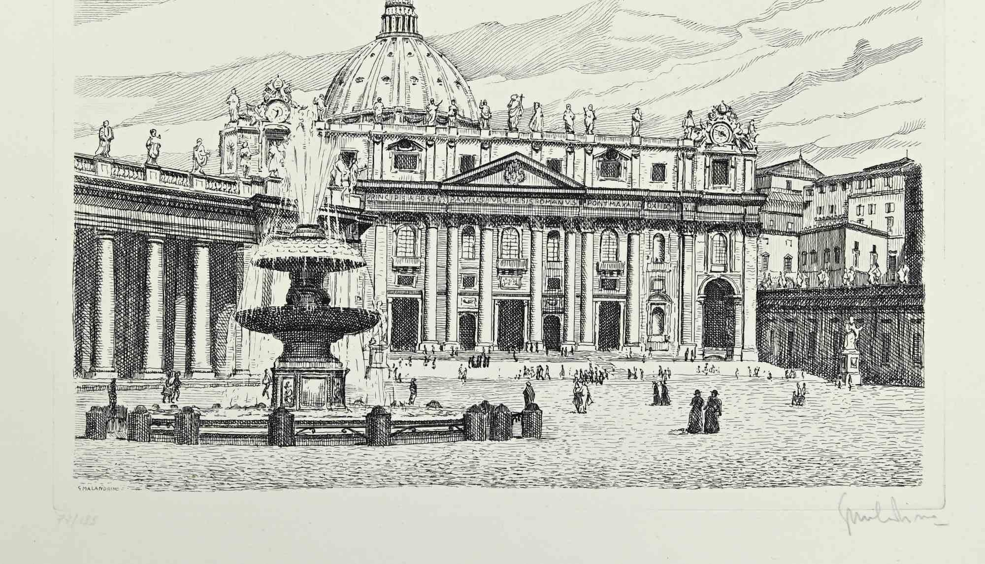 View of Saint Peter's Square - Etching by Giuseppe Malandrino - 1970s im Angebot 1