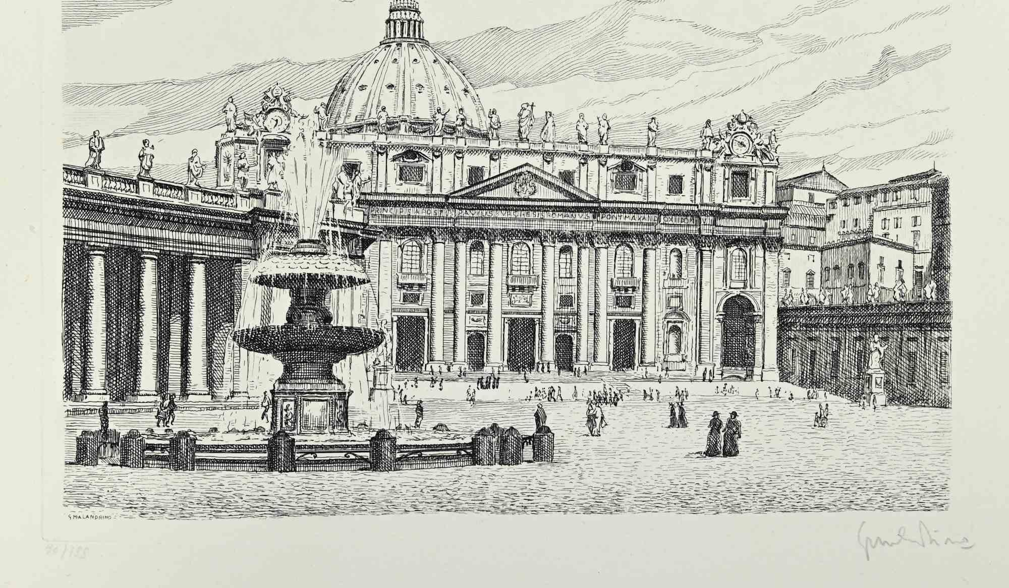 Veduta di Piazza San Pietro - Acquaforte di Giuseppe Malandrino - Anni '70 in vendita 1