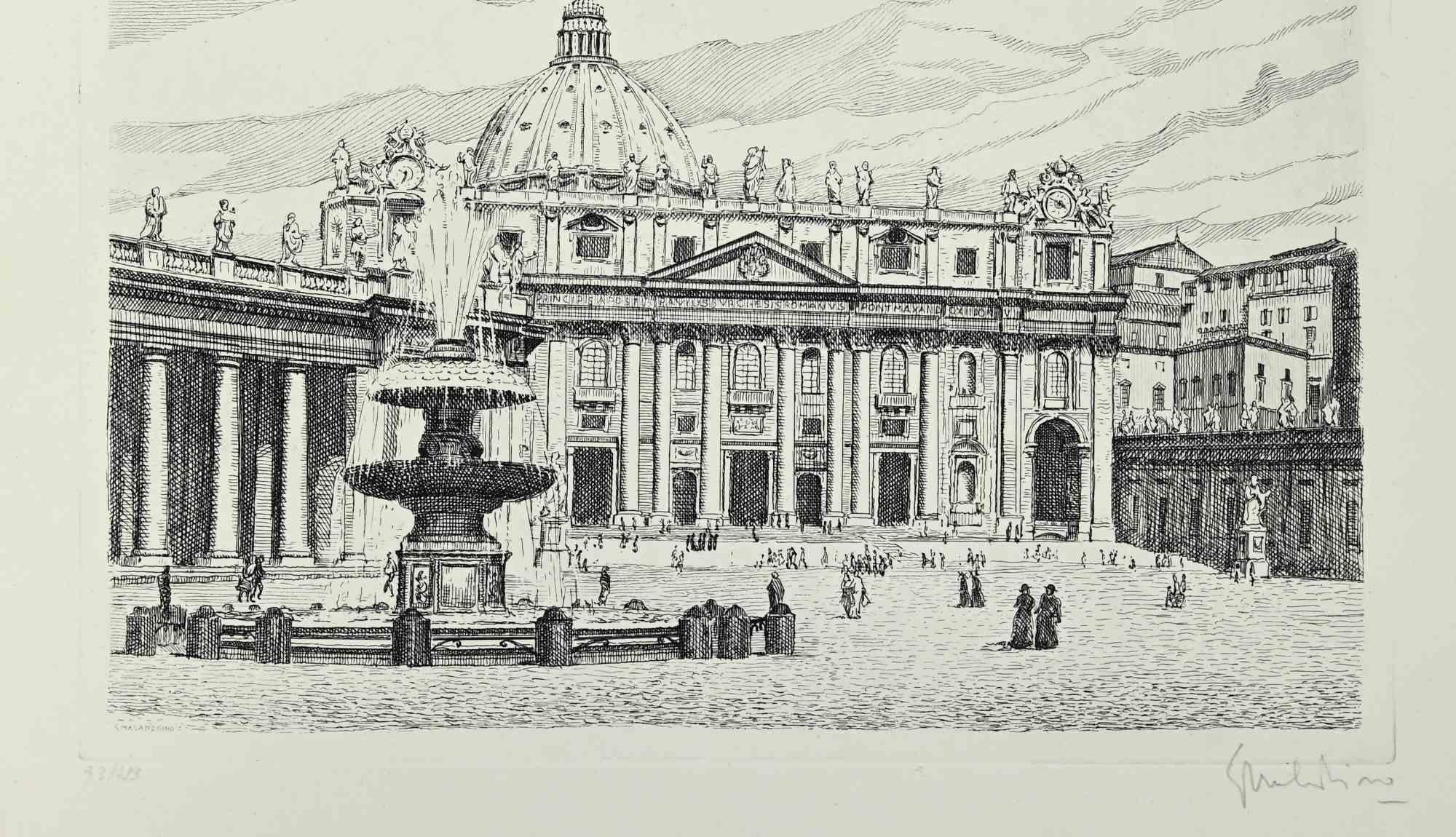 View of Saint Peter's Square - Etching by Giuseppe Malandrino - 1970s For Sale 1