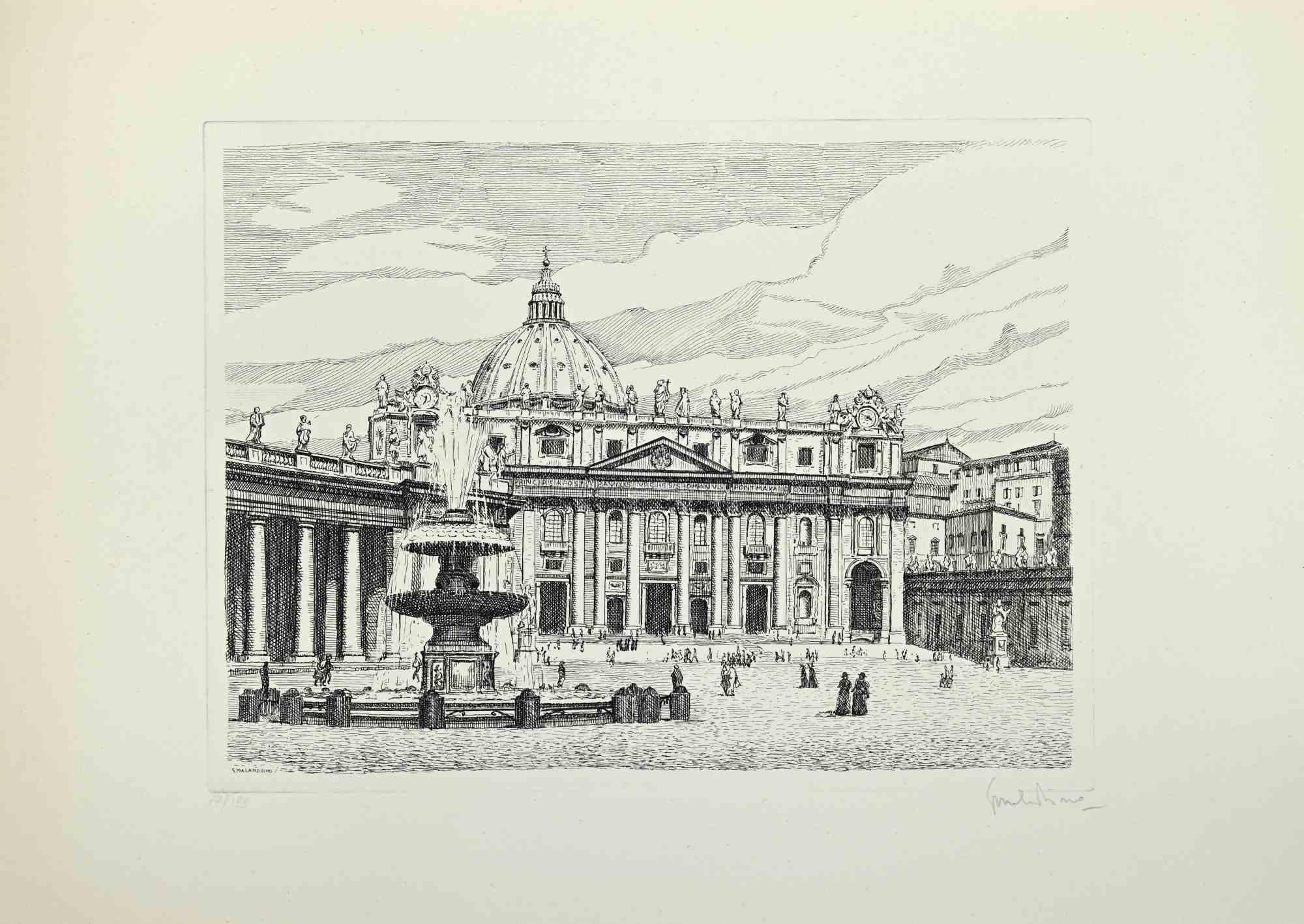Etching realized by Giuseppe Malandrino in the early 1970s.

Hand-signed by the artist in pencil on the lower right corner.

Edition of 199

Excellent condition. 

This artwork represents the beautiful Saint Peter's Square in Rome and its amazing