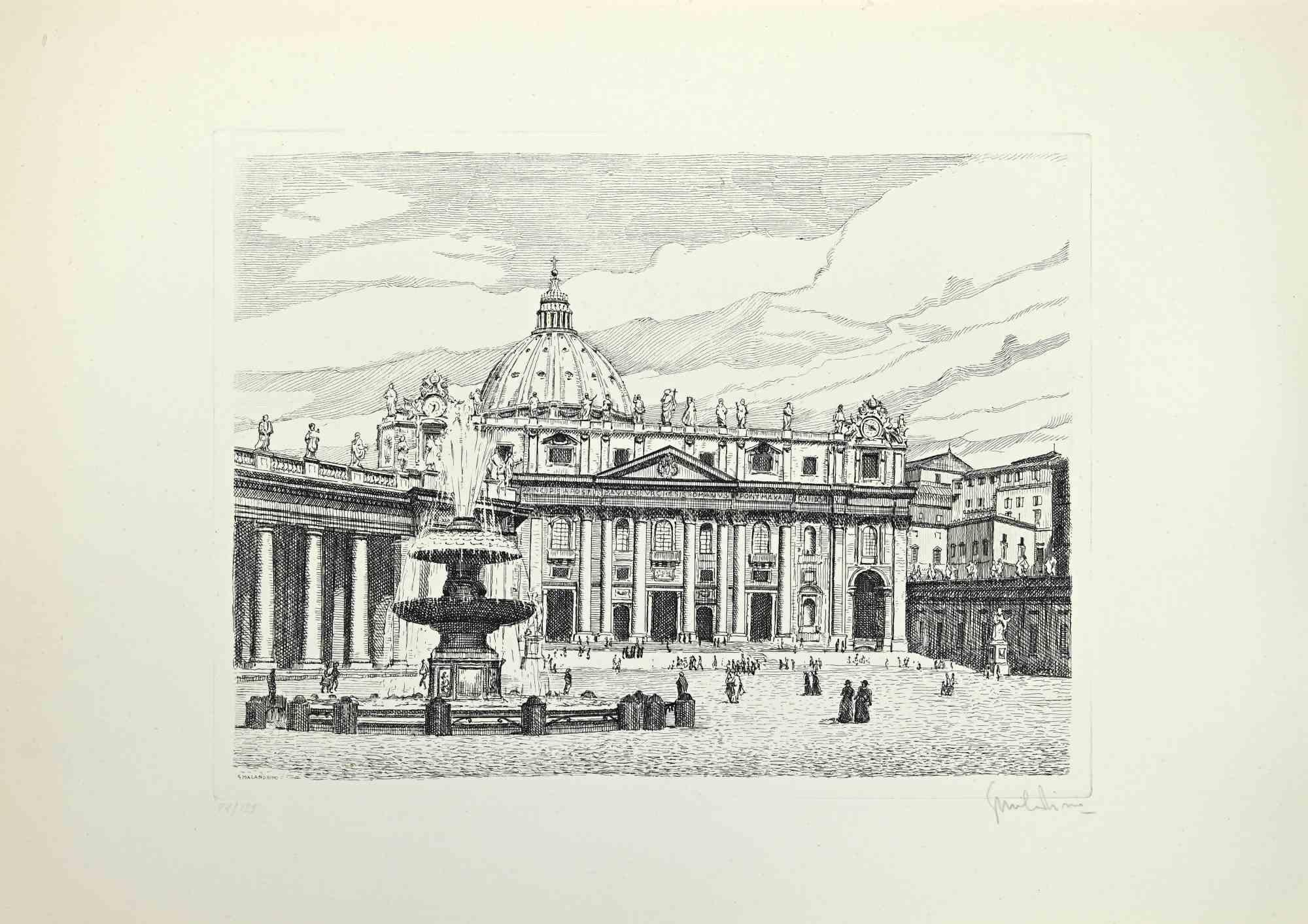 Etching realized by Giuseppe Malandrino in the early 1970s.

Hand-signed by the artist in pencil on the lower right corner.

Edition of 199

Excellent condition. 

This artwork represents the beautiful Saint Peter's Square in Rome and its amazing