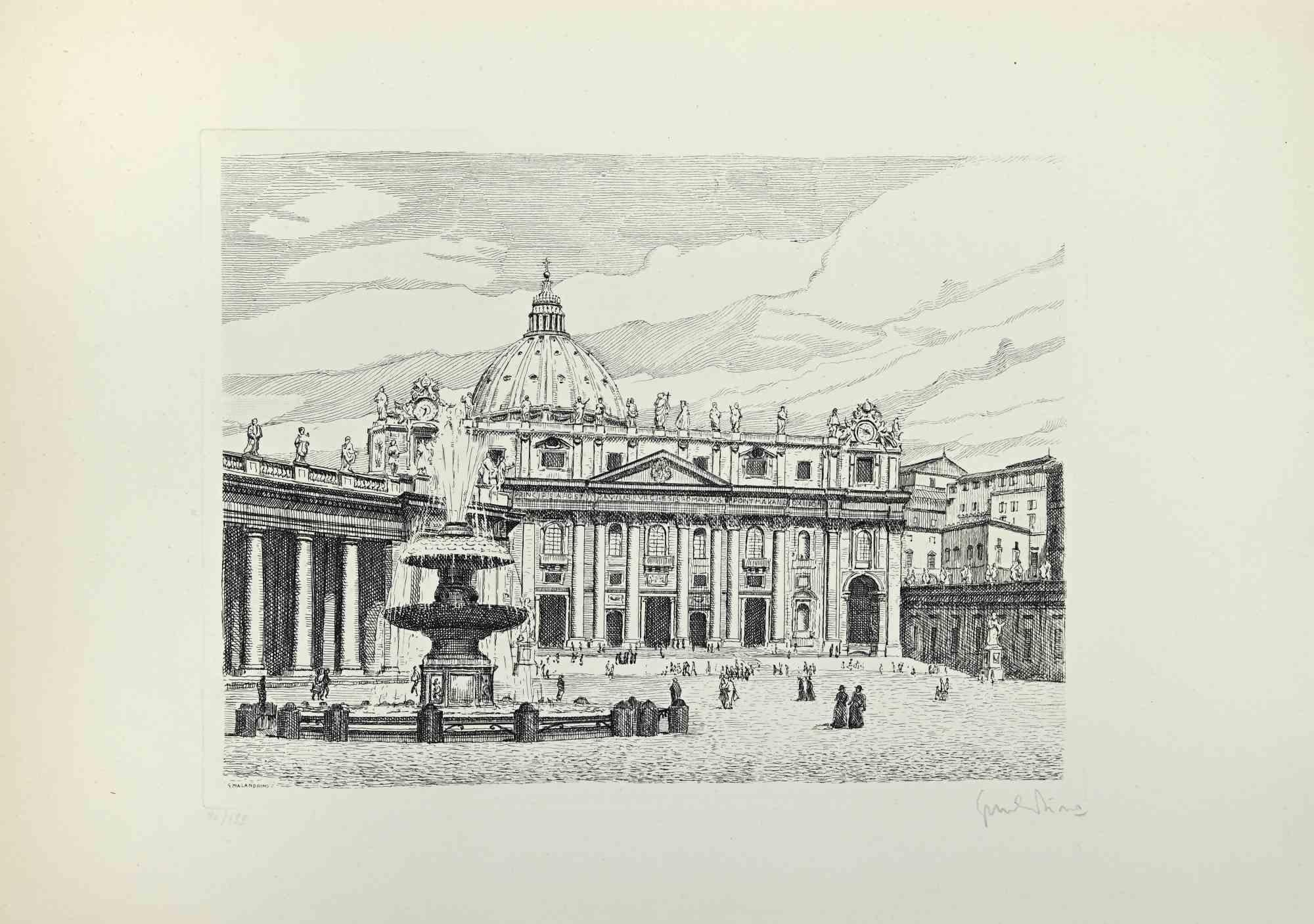View of Saint Peter's Square - Etching by Giuseppe Malandrino - 1970s