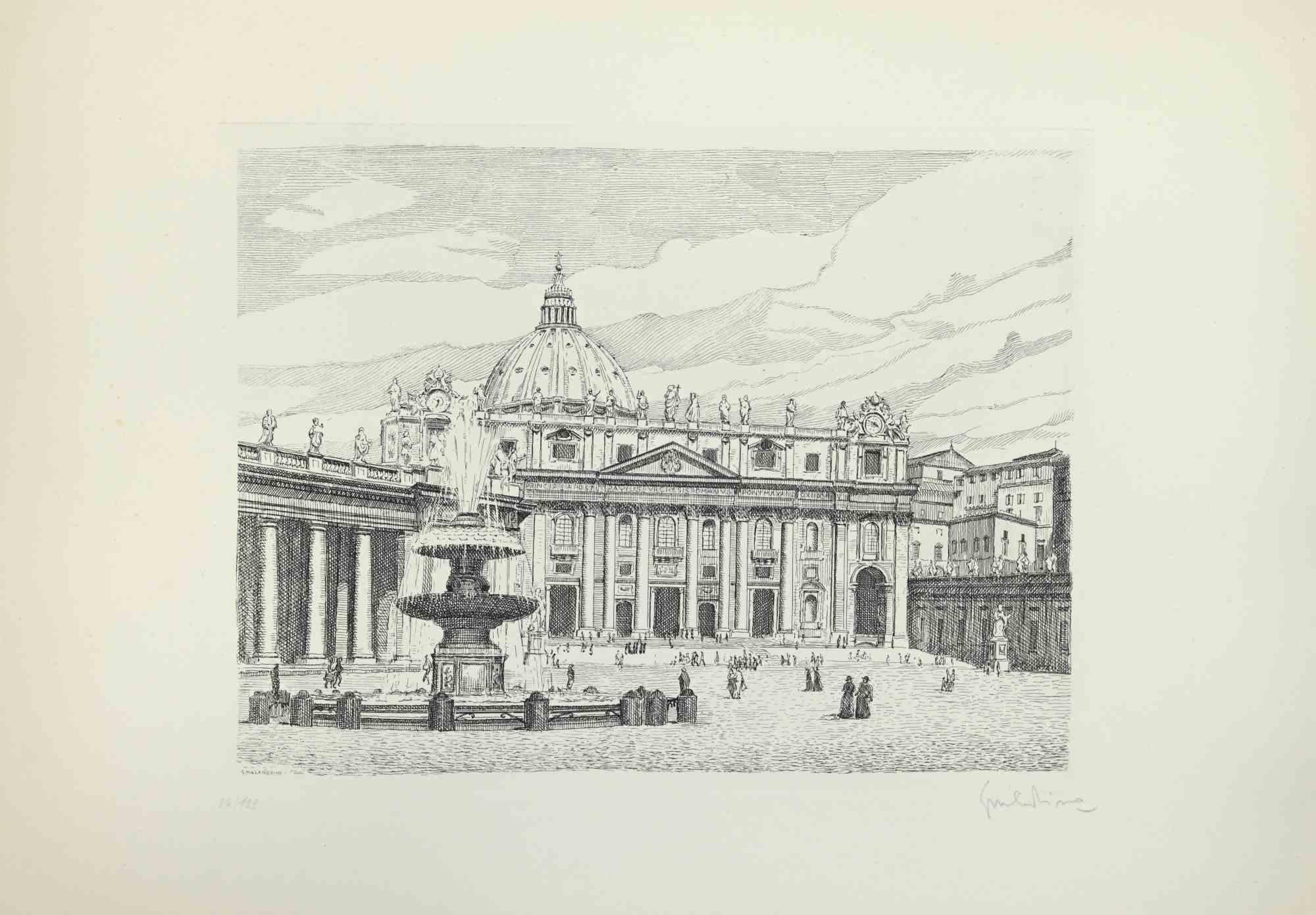 View of Saint Peter's Square - Etching by Giuseppe Malandrino - 1970s