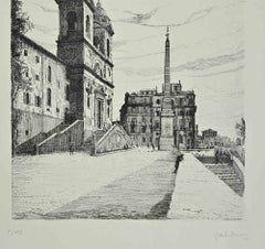 Veduta di Trinità dé Monti - Acquaforte di Giuseppe Malandrino - 1970