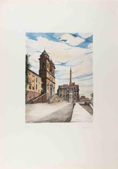 View of Trinità dé Monti -  Etching by Giuseppe Malandrino - 1970s