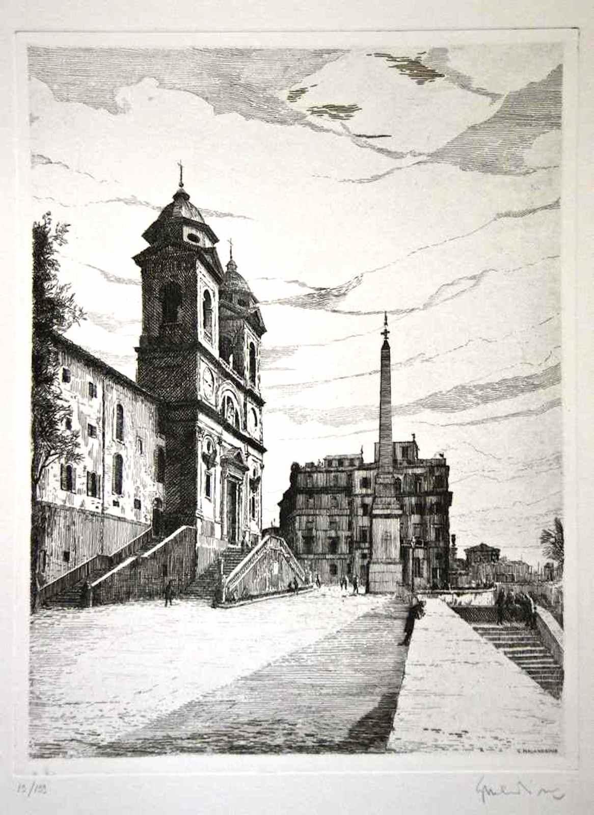 Giuseppe Malandrino Landscape Print - View of Trinità dé Monti (Rome, Italy)  - Original Etching by G. Malandrino 