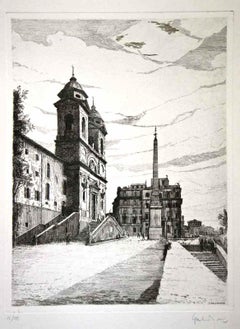 View of Trinità dé Monti (Rome, Italy)  - Original Etching by G. Malandrino 