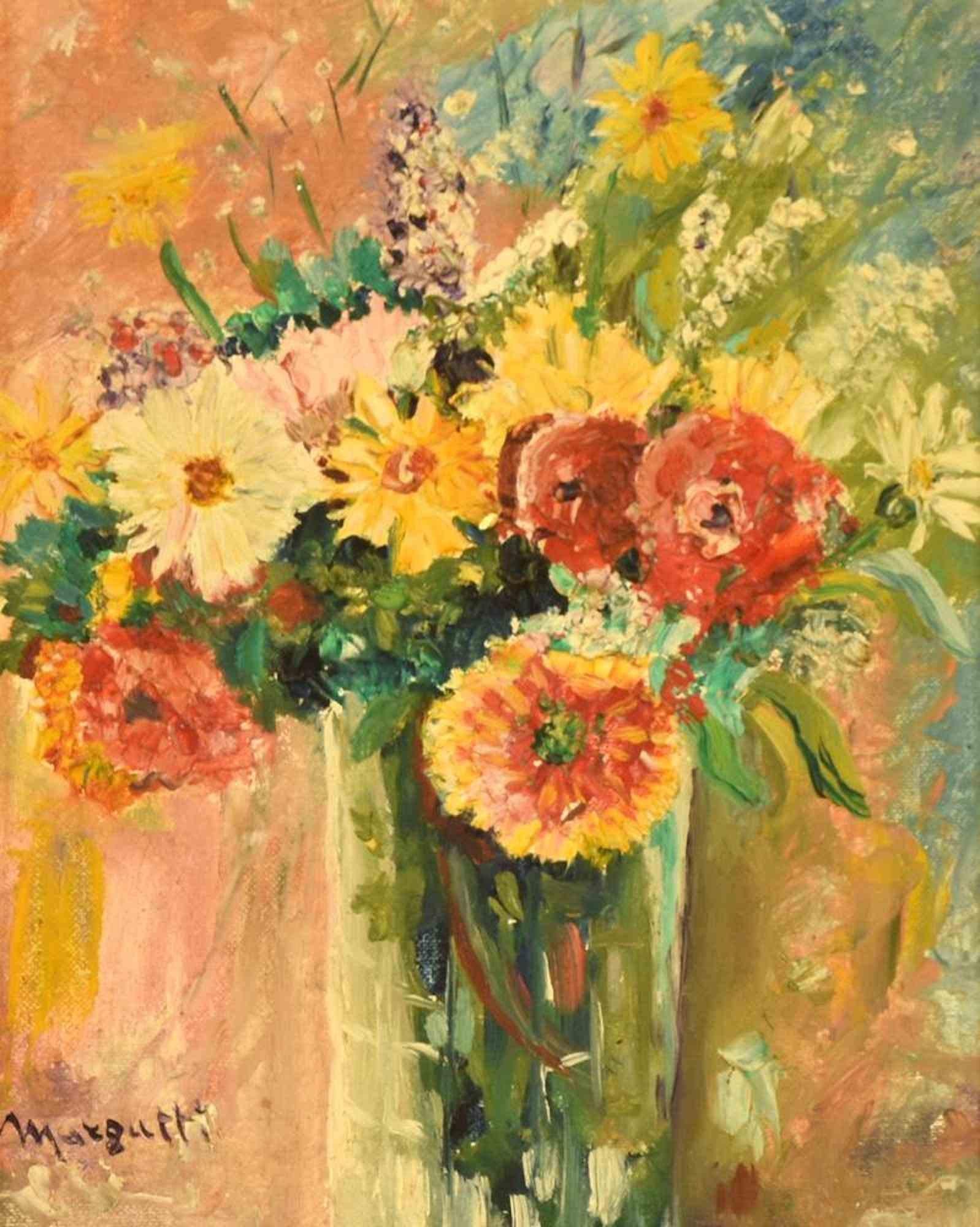 Flowerpot - Oil on Canvas by Giuseppe Margutti - Mid-20th Century For Sale 1
