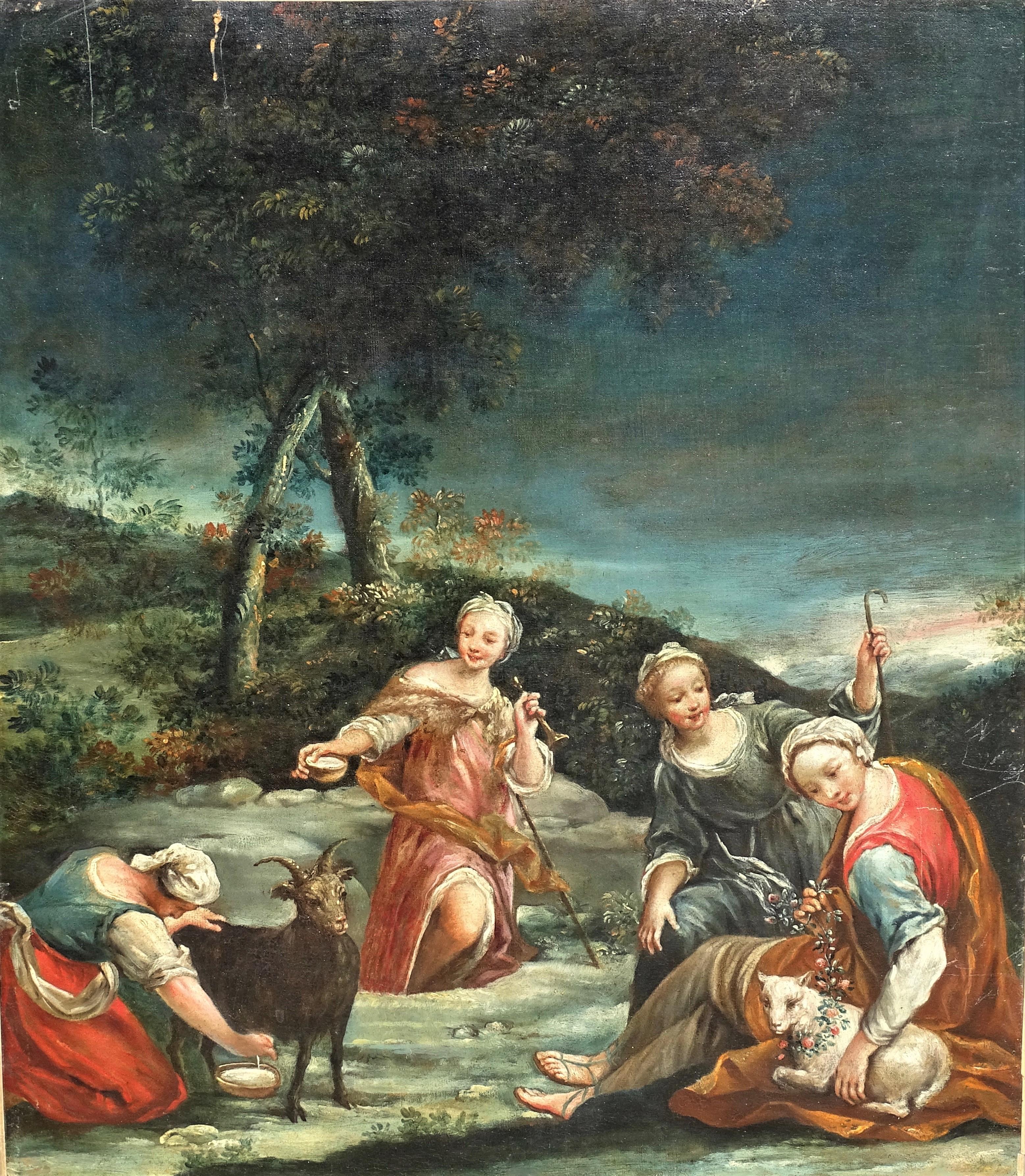 18th Century Rococò Style Italian School Pastoral Scene Oil on Canvas - Painting by Giuseppe Maria Crespi, called Lo Spagnuolo