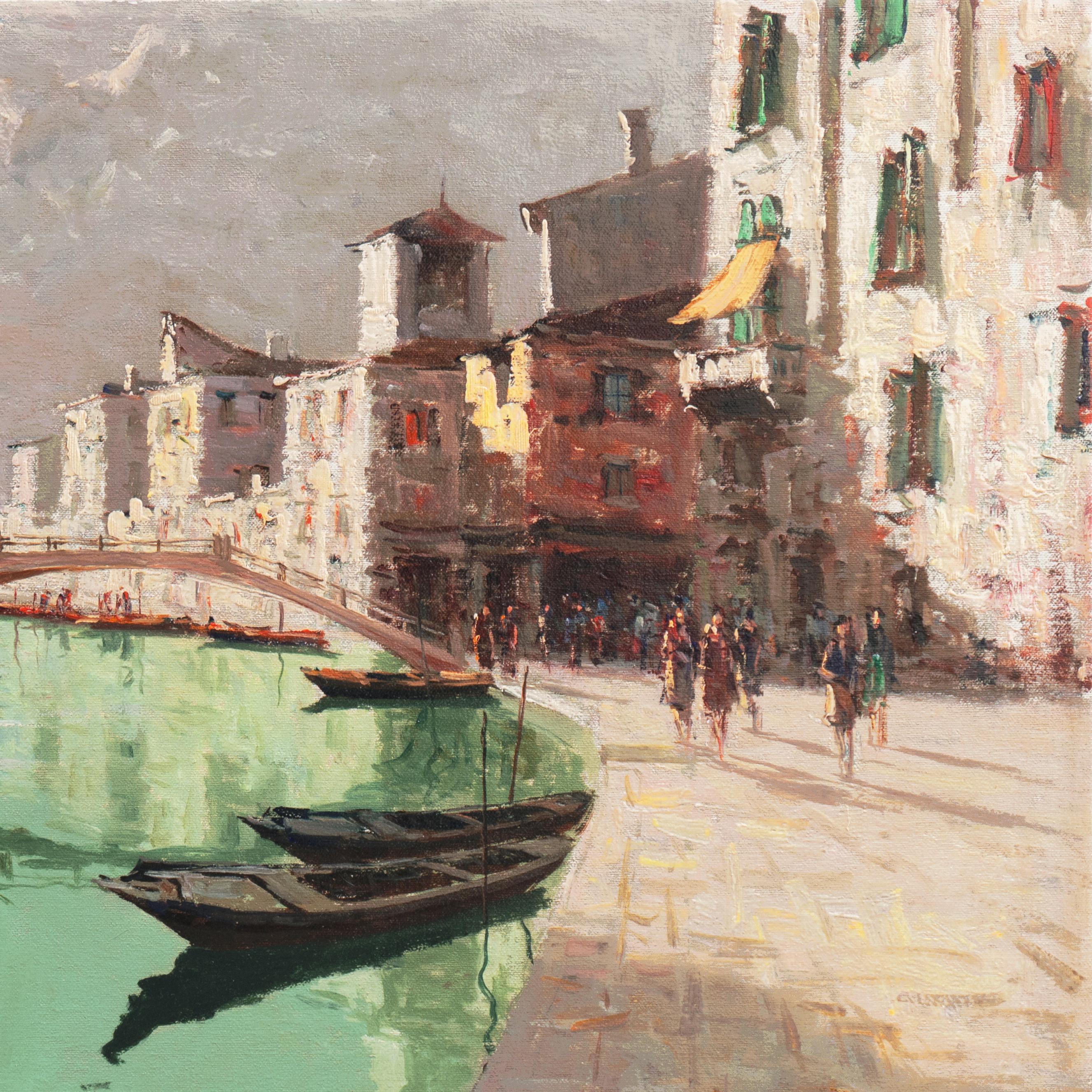 'Rio della Sensa, Venice', Venetian Vedute, Mid-century Post-Impressionist oil - Brown Landscape Painting by Giuseppe Marino