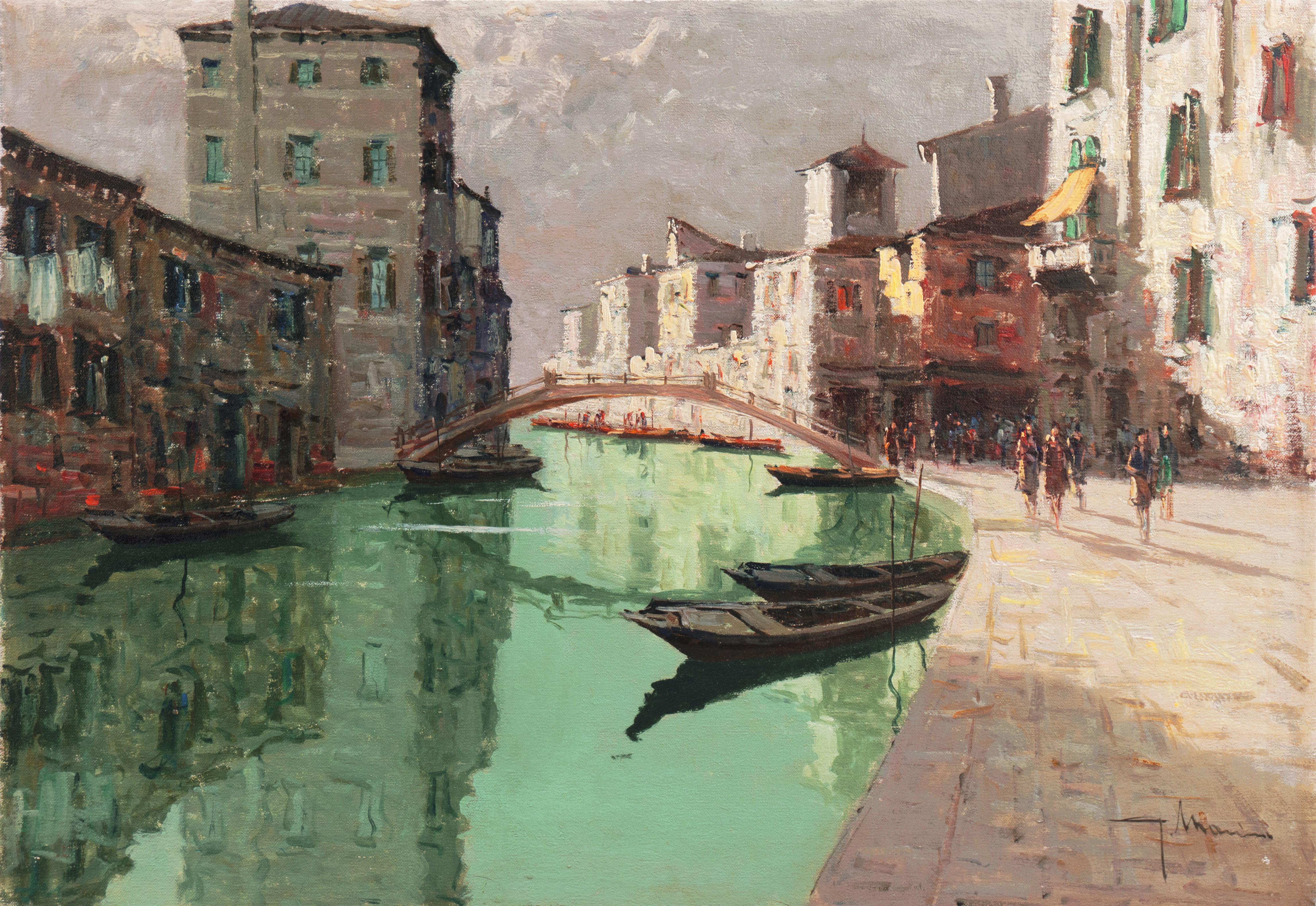 Giuseppe Marino Landscape Painting - 'Rio della Sensa, Venice', Venetian Vedute, Mid-century Post-Impressionist oil