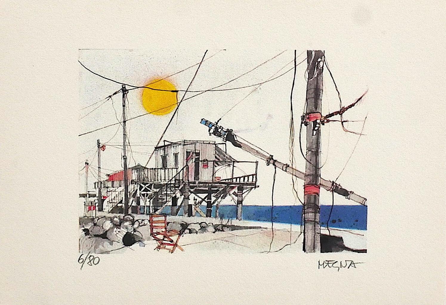 Redes en Fiumicino - Litografía sobre papel de Giuseppe Megna - Años 70 en venta 1
