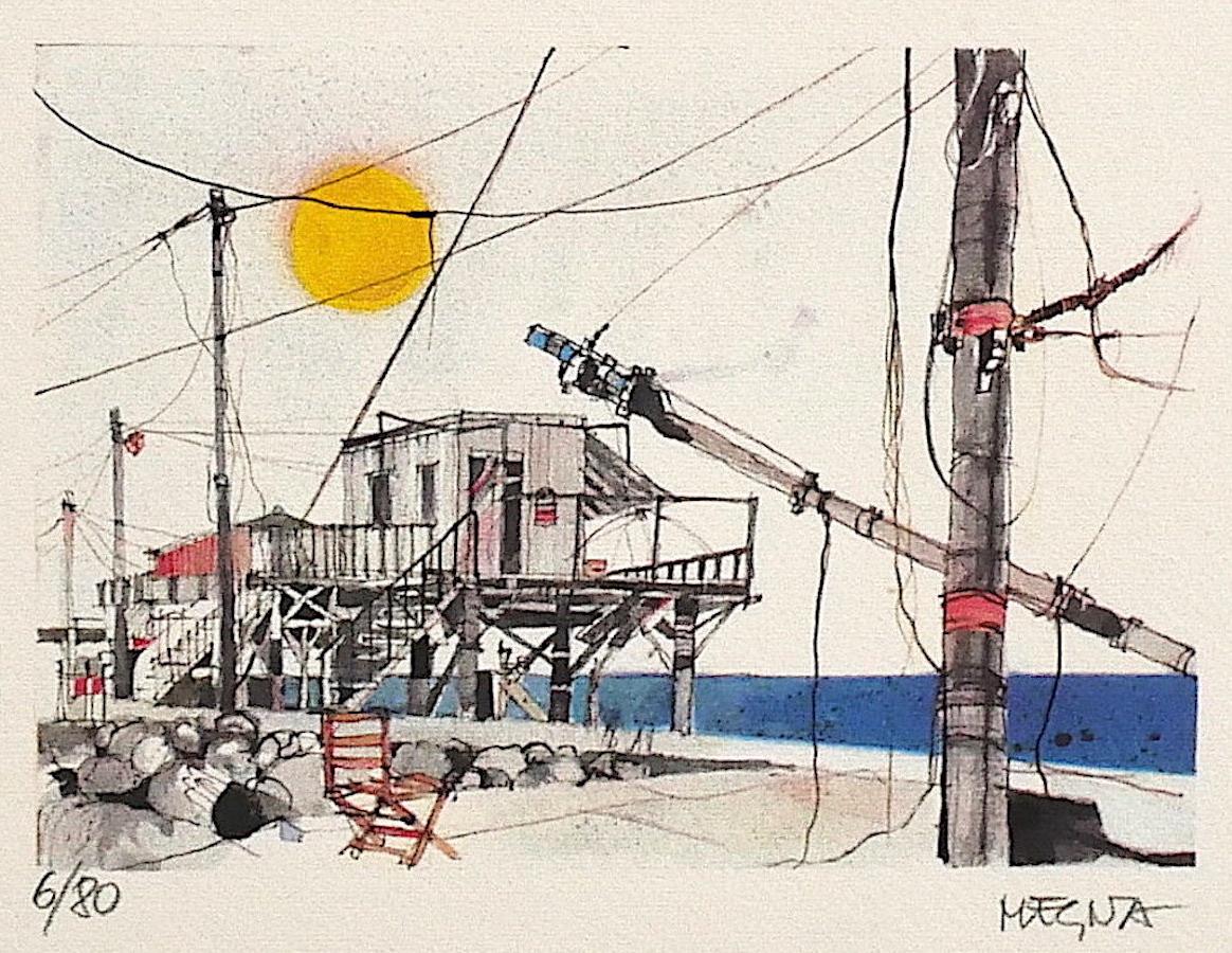 Escamas de pesca en Fiumicino es una litografía original sobre papel realizada por Giuseppe Megna.

Firmado a mano en la parte inferior derecha, numerado en la parte inferior izquierda a lápiz, edición de 9/80 copias.

En muy buen estado.

La obra