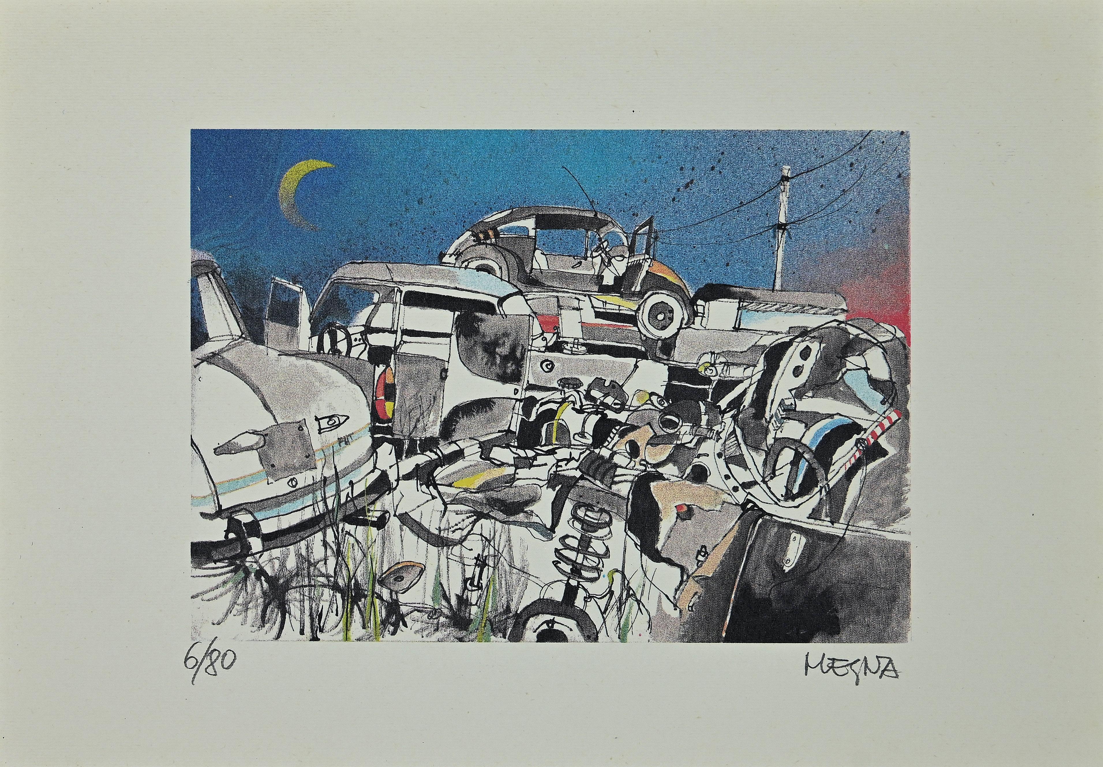 Scarp Cars ist eine Original-Lithographie auf Papier von Giuseppe Megna aus dem Jahr 1970.

Rechts unten handsigniert und links unten mit Bleistift nummeriert, Auflage: 6/80 Exemplare.

In sehr gutem Zustand.

