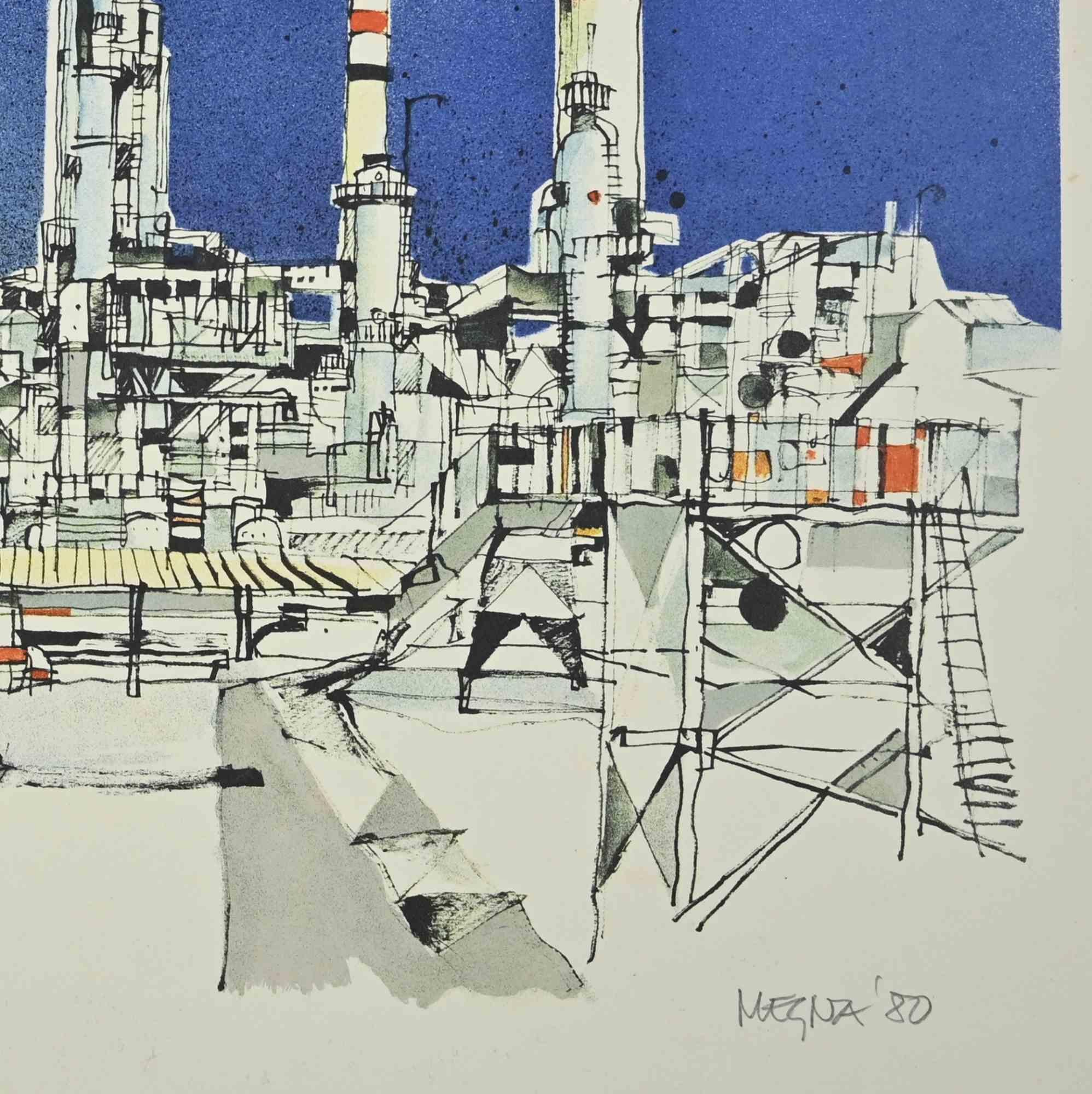 La fabbrica - Litografia di Giuseppe Megna - 1980 in vendita 1
