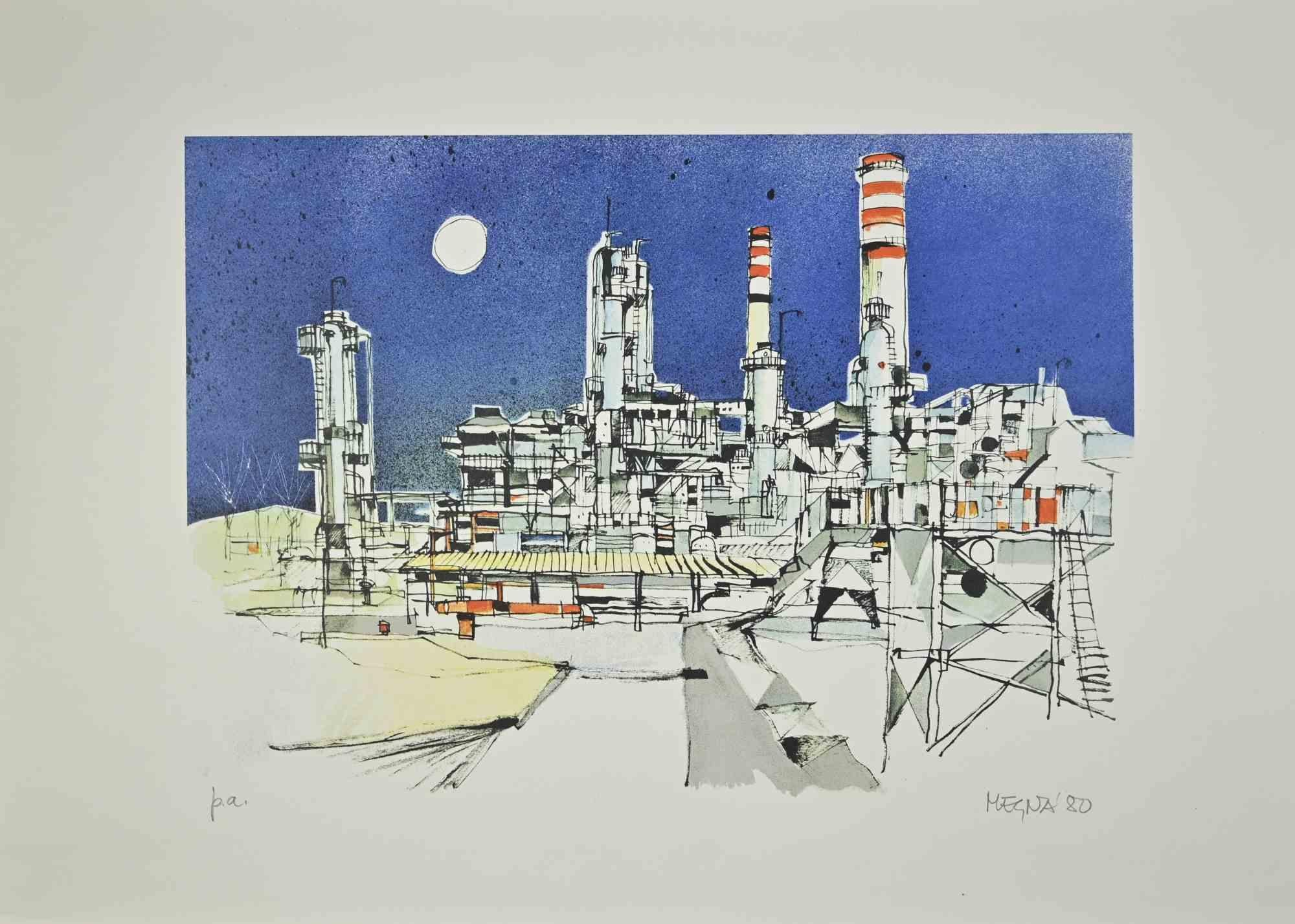 La Fabbrica è una litografia su carta realizzata nel 1980 da Giuseppe Megna.

Firmato a mano e datato in basso a destra, prova d'artista.

Buone condizioni.

L'opera d'arte rappresenta lo scenario di una fabbrica attraverso colori vivaci, abilmente