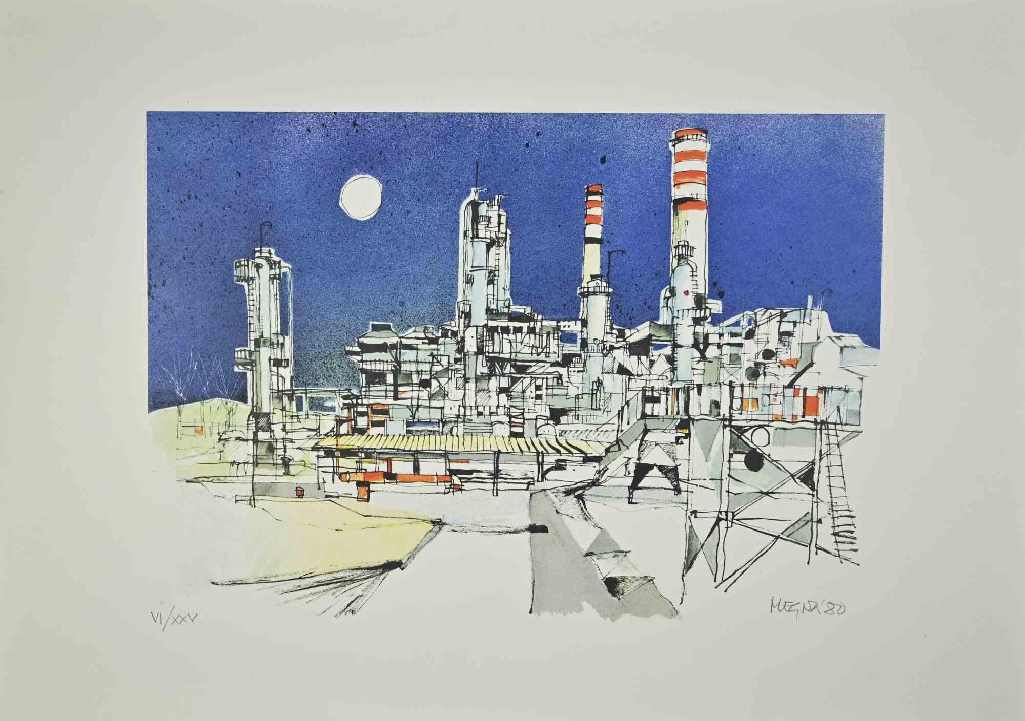 La Fabbrica è una litografia su carta realizzata nel 1980 da Giuseppe Megna.

Firmato a mano e datato in basso a destra, prova d'artista.

Buone condizioni.

L'opera d'arte rappresenta lo scenario di una fabbrica attraverso colori vivaci, abilmente