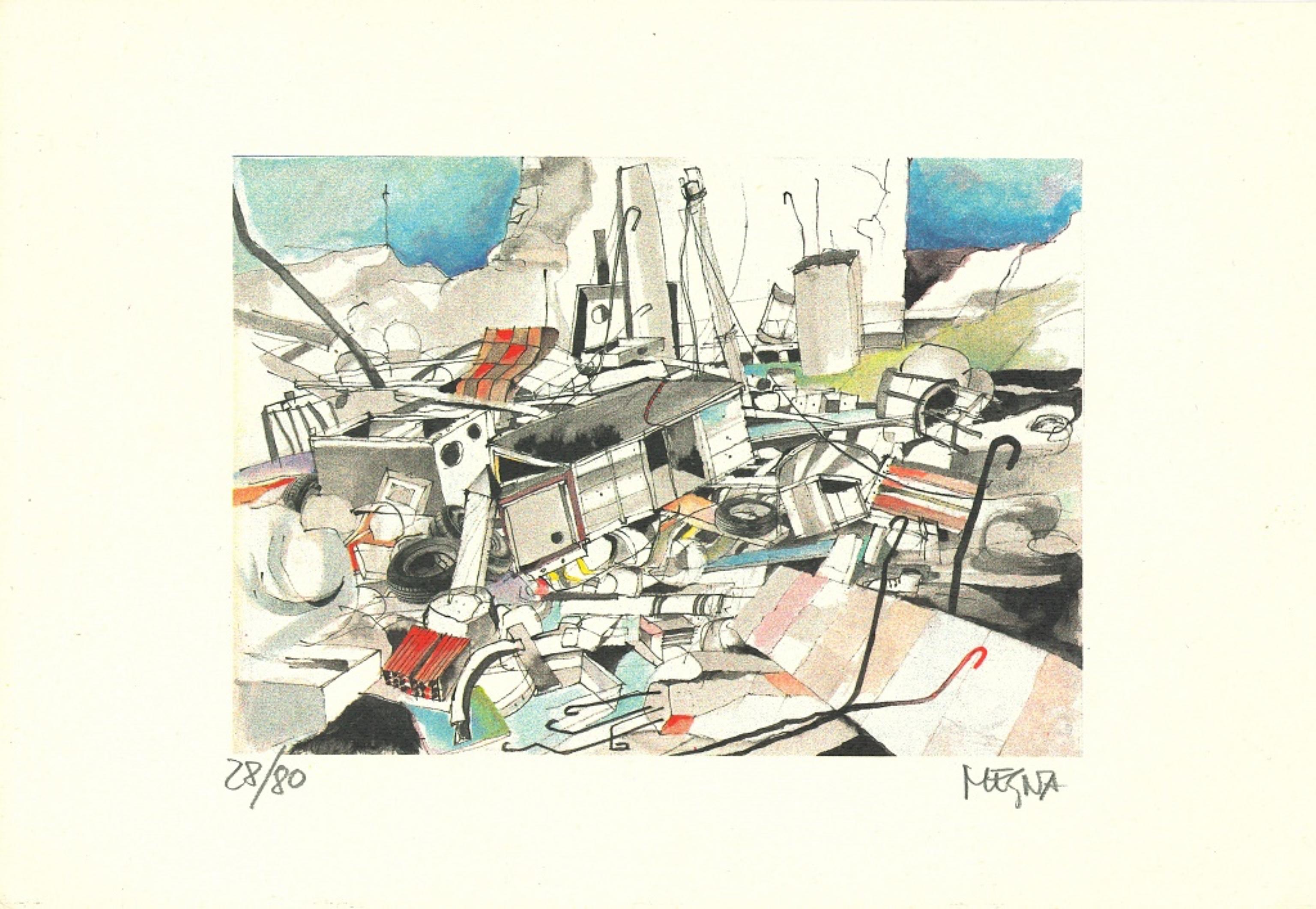 Die Junkyard-Lithographie von Giuseppe Megna – Lithographie – 1980