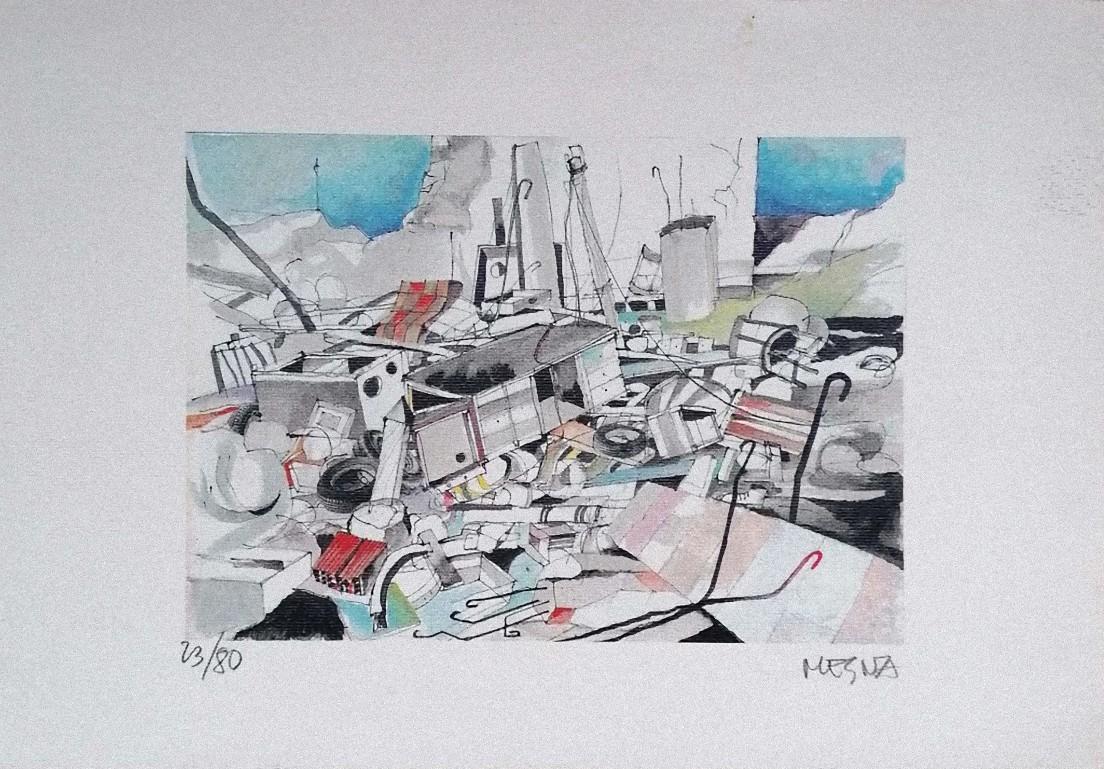 The Junkyard is an original Contemporary artwork realized by Giuseppe Megna (1906 - 1981) in the second half of the 20th Century. 

Original colored lithograph on watermarked Ivory paper. 

Hand-signed in pencil on the lower right corner: Megna.