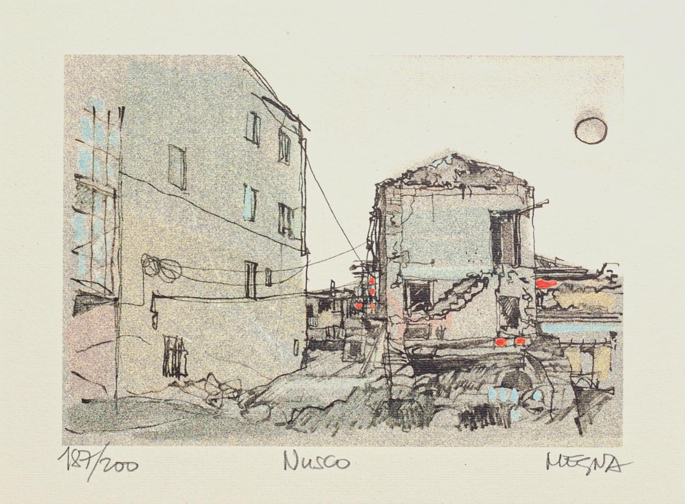 Nusco is a lithograph on paper realized by Giuseppe Megna in 1980.

Hand-signed on the lower right and numbered on the lower left in pencil, edition of 187/200 prints, titled on the lower center.

In very good condition.

Included a white