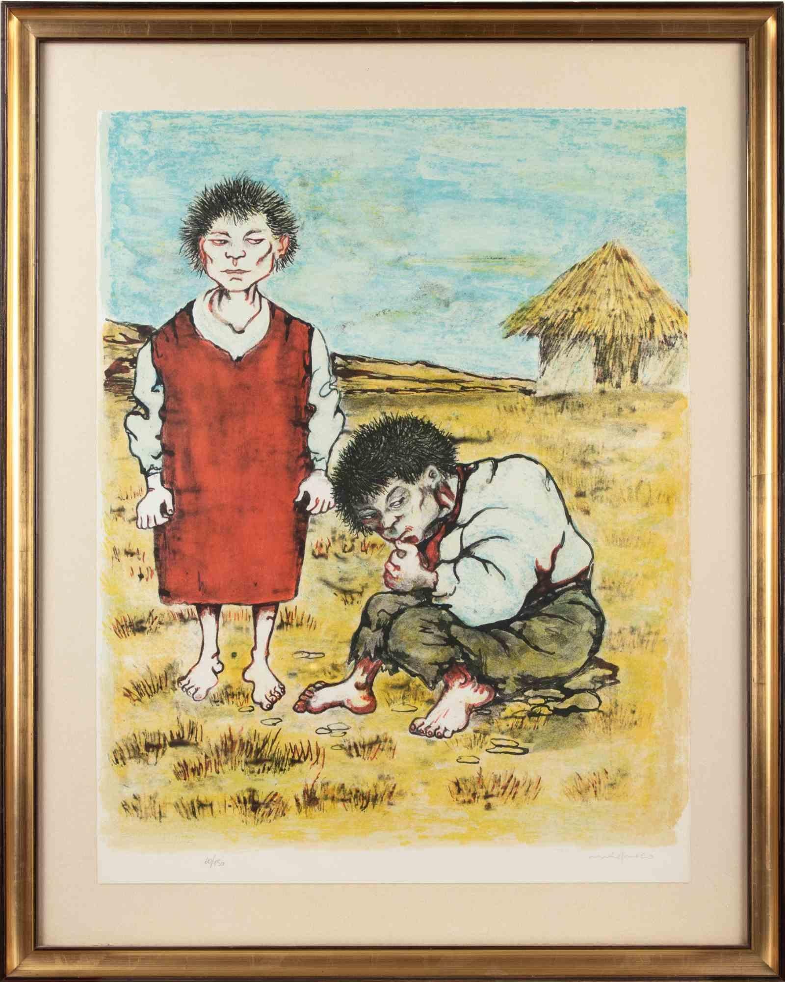 Kinder ist ein modernes Kunstwerk von Giuseppe Migneco aus der Mitte des 20. Jahrhunderts.

Gemischtfarbige Lithographie.

Am unteren Rand handsigniert und nummeriert

Auflage 60/150

Inklusive Rahmen