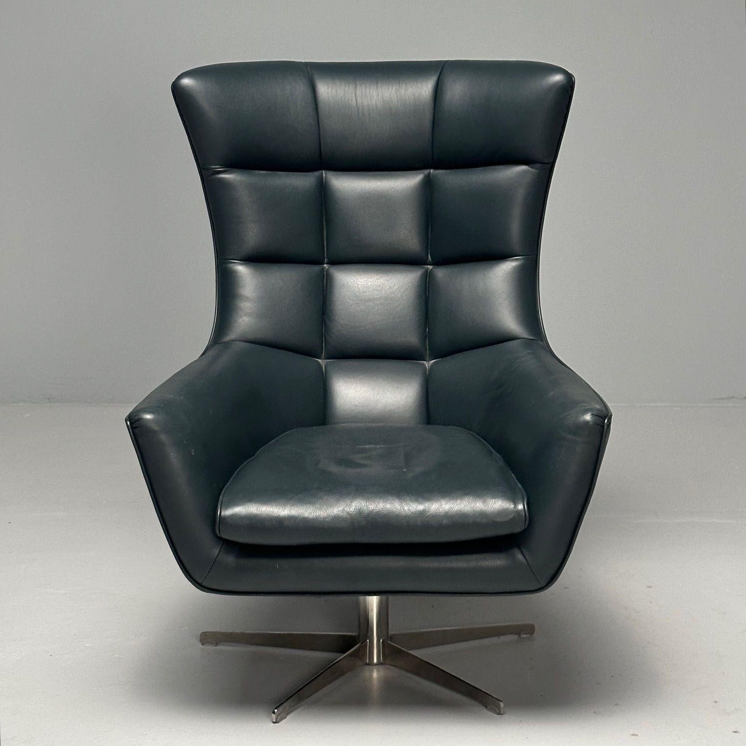 Italian Giuseppe Nicoletti, Modern, Office Chair, Blue Leather, Stainless Steel, 2010s