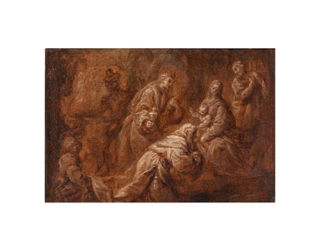 XVII secolo di Giuseppe Nuvolone Adorazione dei Magi Olio su carta e tela in vendita 1