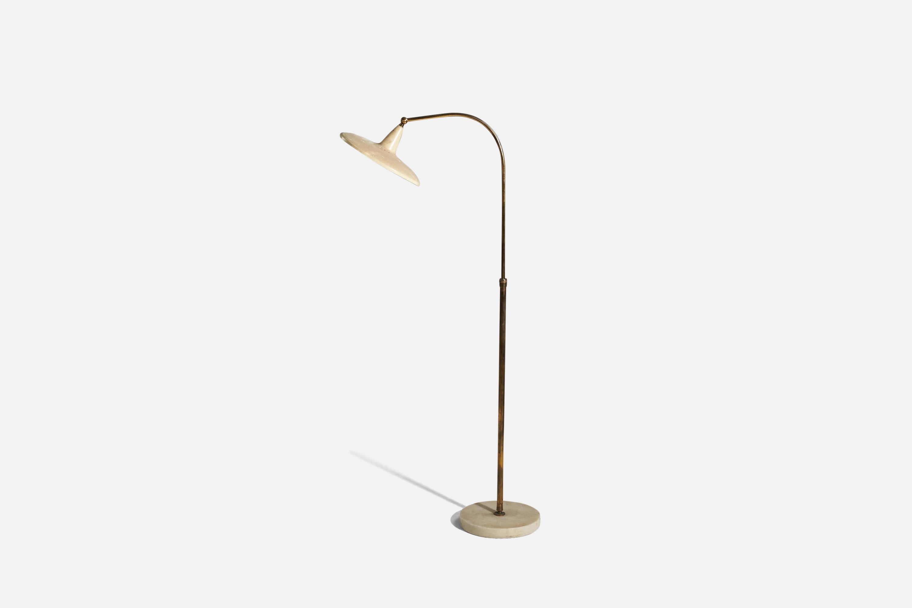 A brass, marble and steel, adjustable floor lamp; design attributed to Giuseppe Ostuni and production attributed to O-Luce, Italy, 1950s.

Variable dimensions, measured as illustrated in the first image.

Socket takes standard E-26 medium base