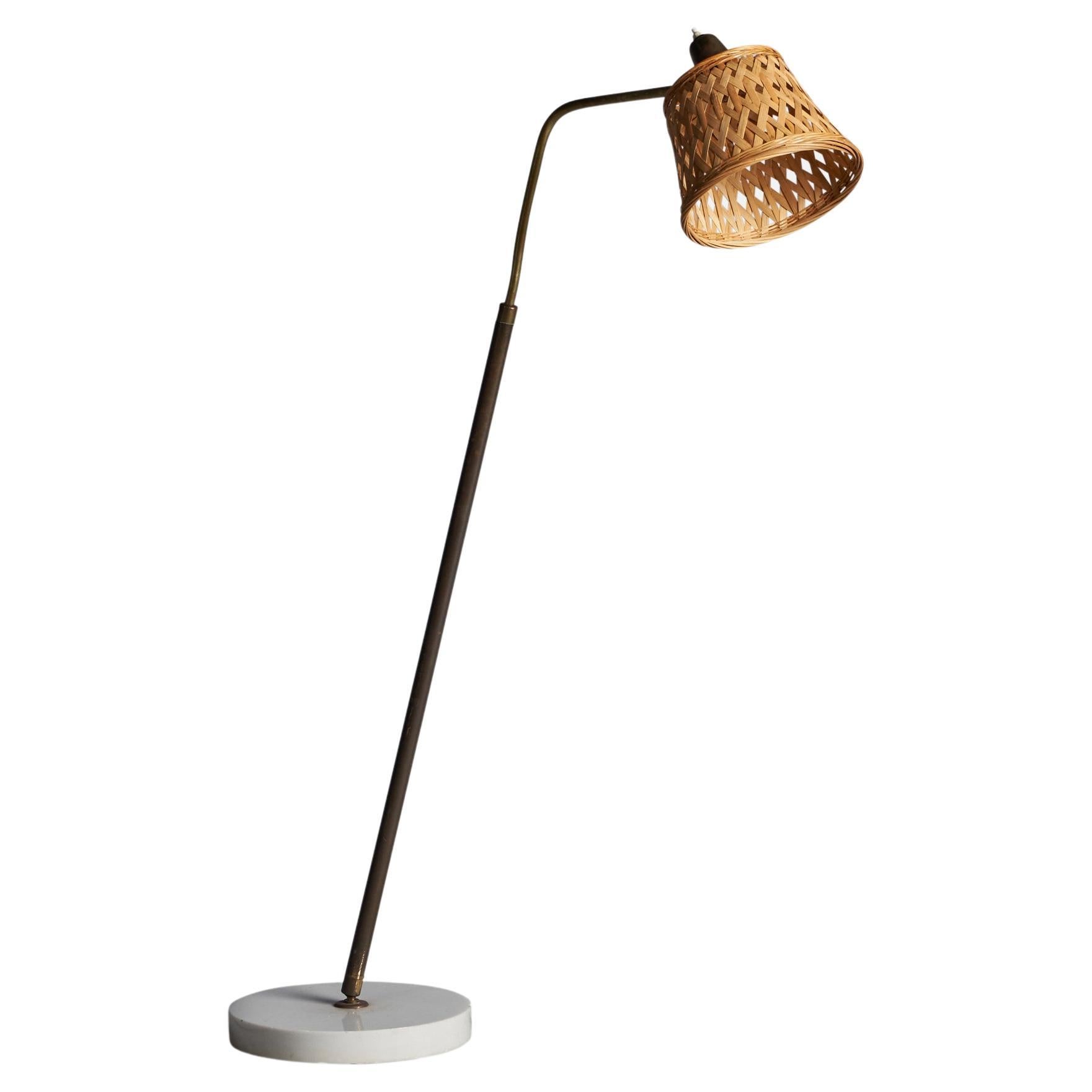 Giuseppe Ostuni, Floor Lamp, Brass, Marble, Rattan, Italy, 1950s For Sale