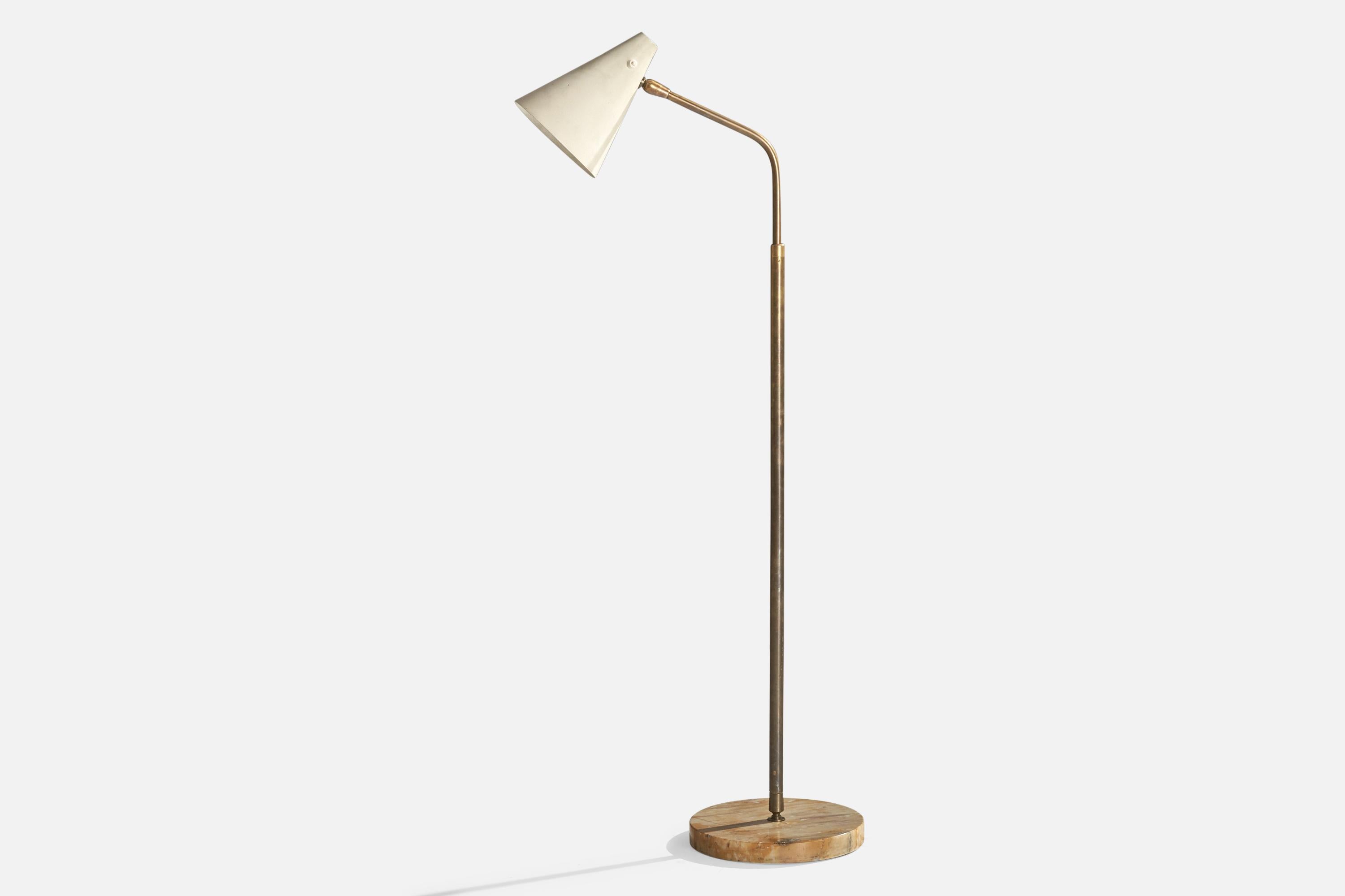 An adjustable brass, white-lacquered metal and marble floor lamp designed by Giuseppe Ostuni and produced by O-Luce, Italy, 1950s.

Dimensions of Lamp (inches): 49.25” H x 15” W x 15” D

Dimensions of Lamp with Shade (inches): 51.25” H x 21.75”
