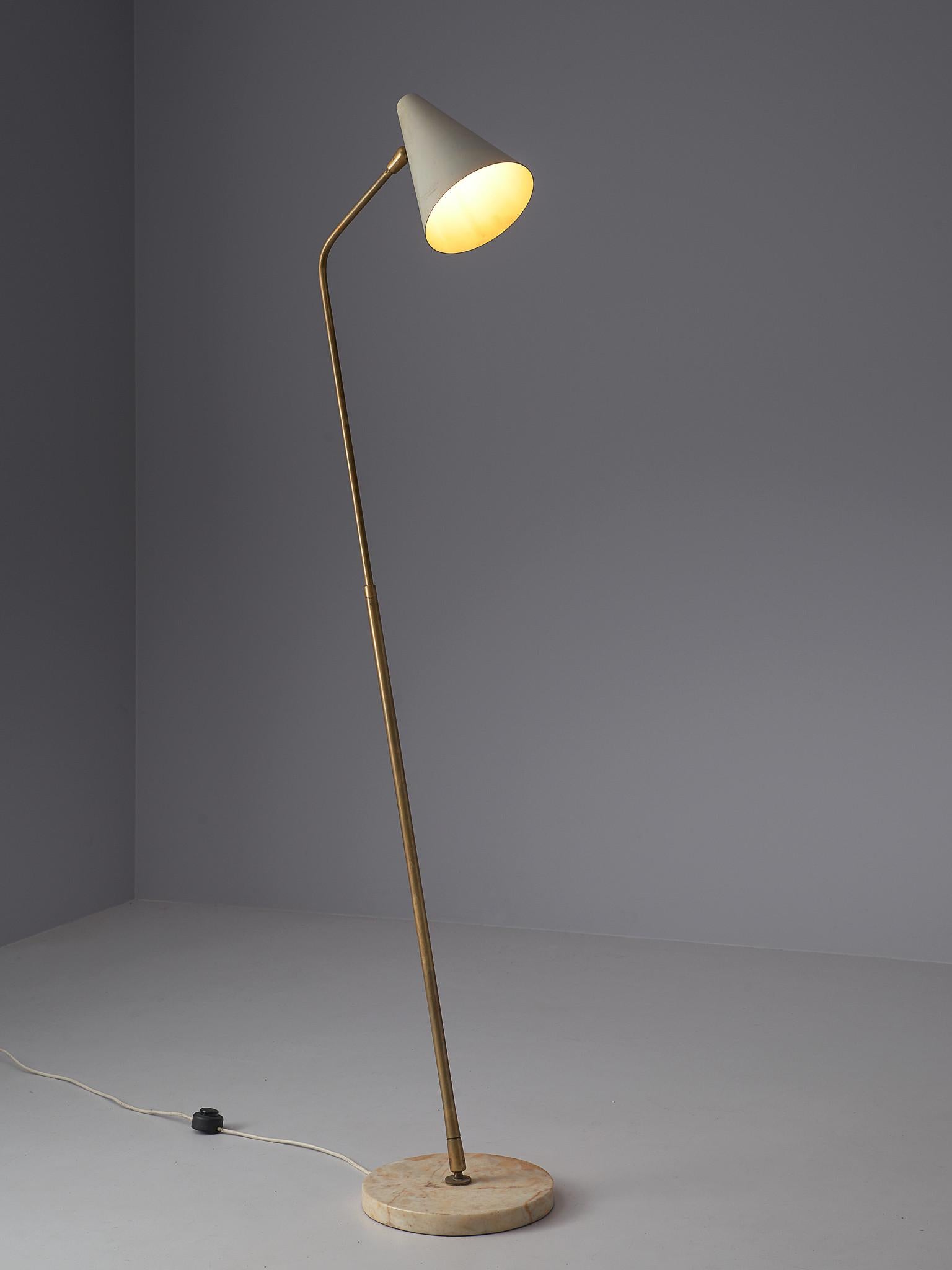 Giuseppe Ostuni for O-Luce, floor lamp, brass, metal and marble, Italy, 1950s. 

O-Luce floor lamp by Giuseppe Ostuni with a beautiful original off-white shade. This stem is fully adjustable due to this extension into various lengths. The round