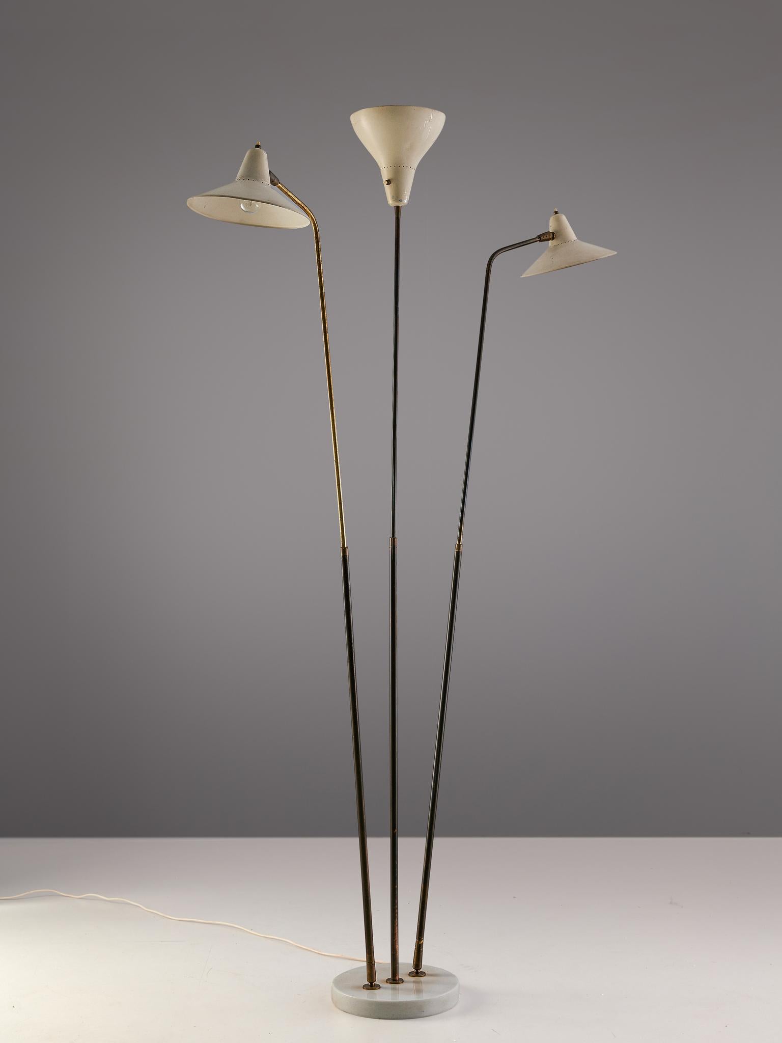 Giuseppe Ostuni Floor Lamp with Three White Shades, 1950s In Good Condition In Waalwijk, NL