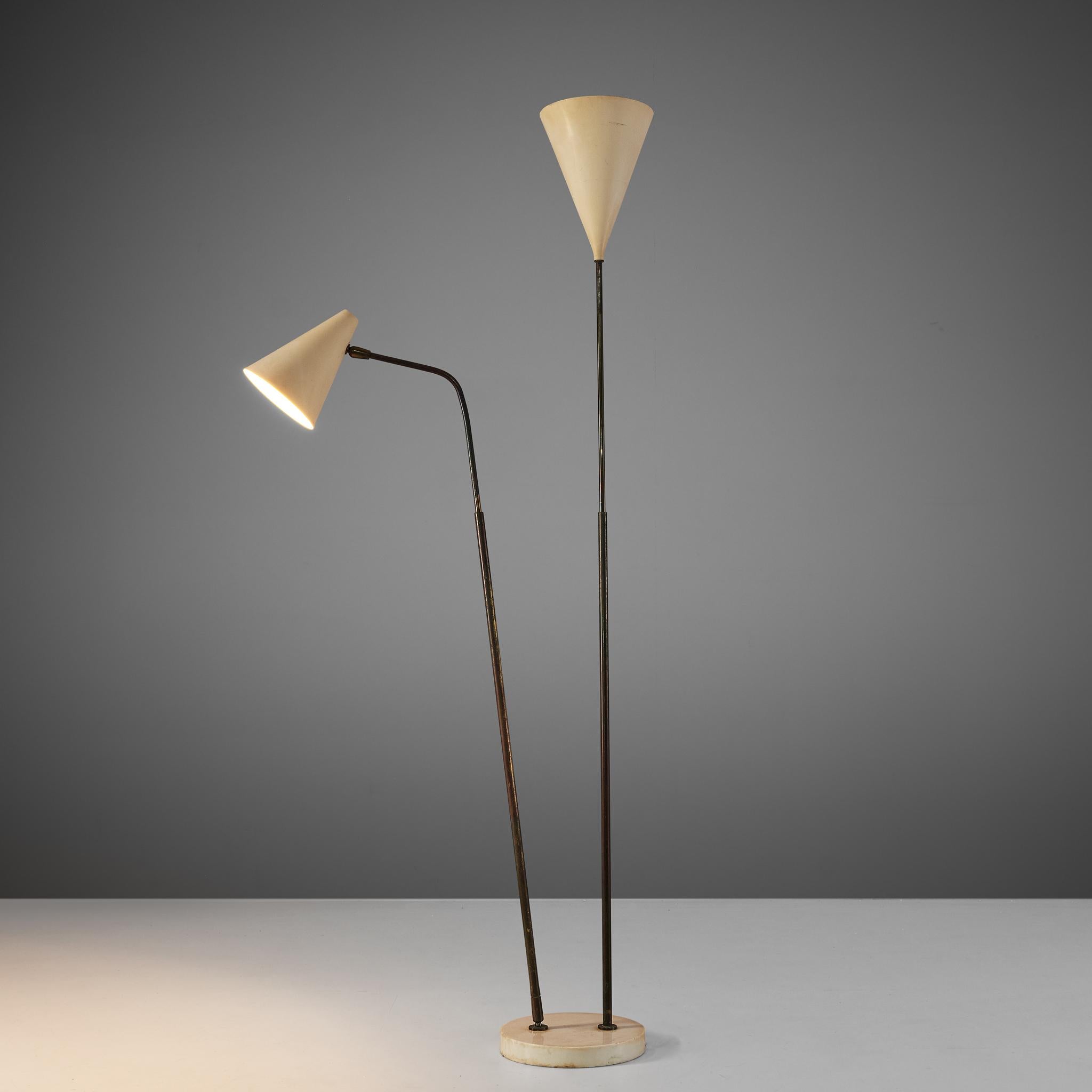 Giuseppe Ostuni for O-Luce, floor lamp, metal, marble and brass, Italy, 1950s

Rare and completely original floor lamp from the 1950s with an admirable patina. Inventive technical details, the brass joints, the shape of the shades make this lamp