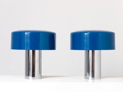 Giuseppe Ostuni for Oluce Chrome and Blue Tables Lamps Italian 1950s