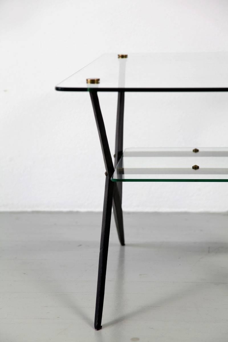 Giuseppe Ostuni Italian Black Lacquered Iron Glass Side Table with Brass, 1950s 5