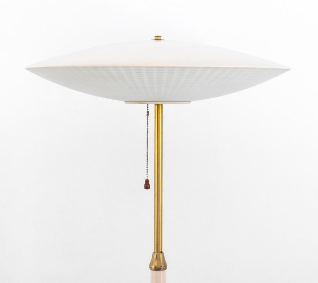 Giuseppe Ostuni Oluce Saucer Floor Lamp, glass lampshade and brass stem, mid 20th century, adjustable height. 58