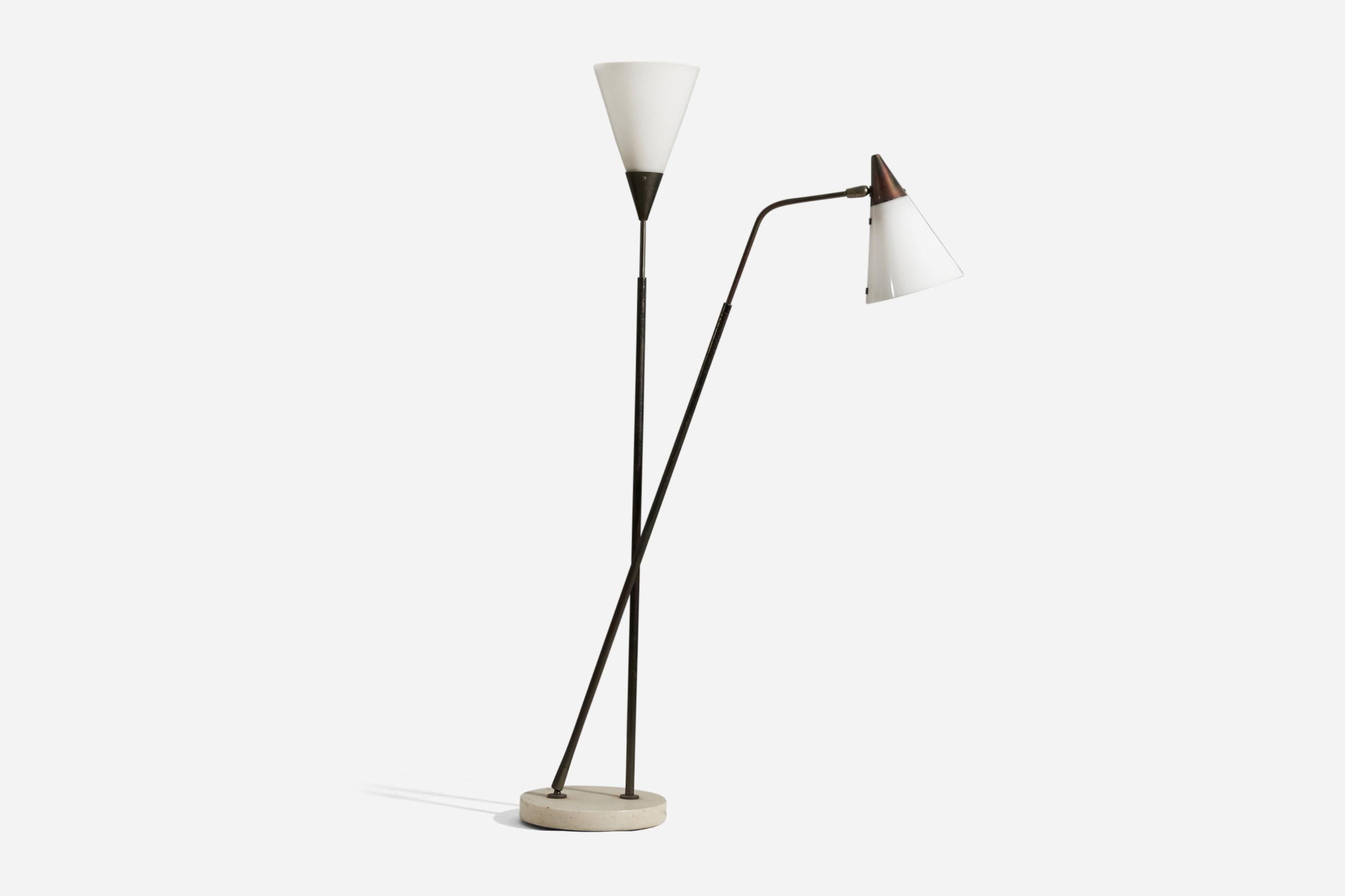 A rare model two-armed adjustable functionalist floor lamp. Designed by Guiseppe Ostuni and produced by O-Luce, Italy, 1950s. Rare execution with original acrylic lampshades.

Other designers of the period working in similar style include Max