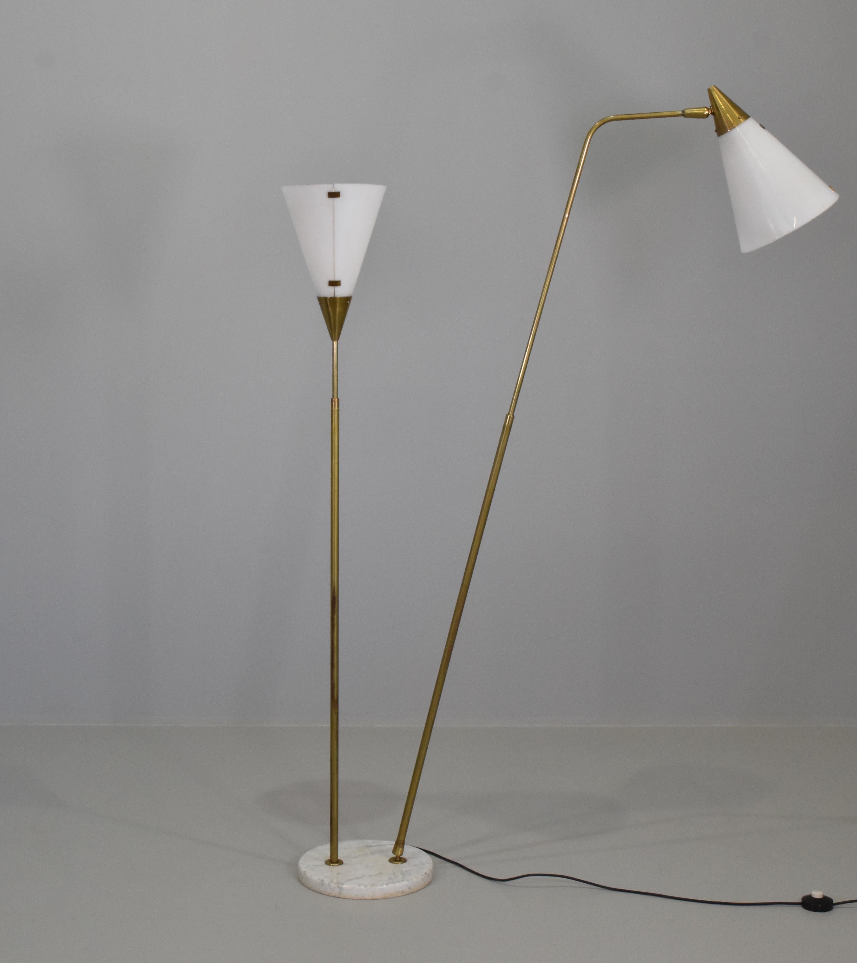 Italian Giuseppe Ostuni Rare Adjustable Floor Lamp, Brass, Acrylic, O-Luce, Italy, 1950s For Sale