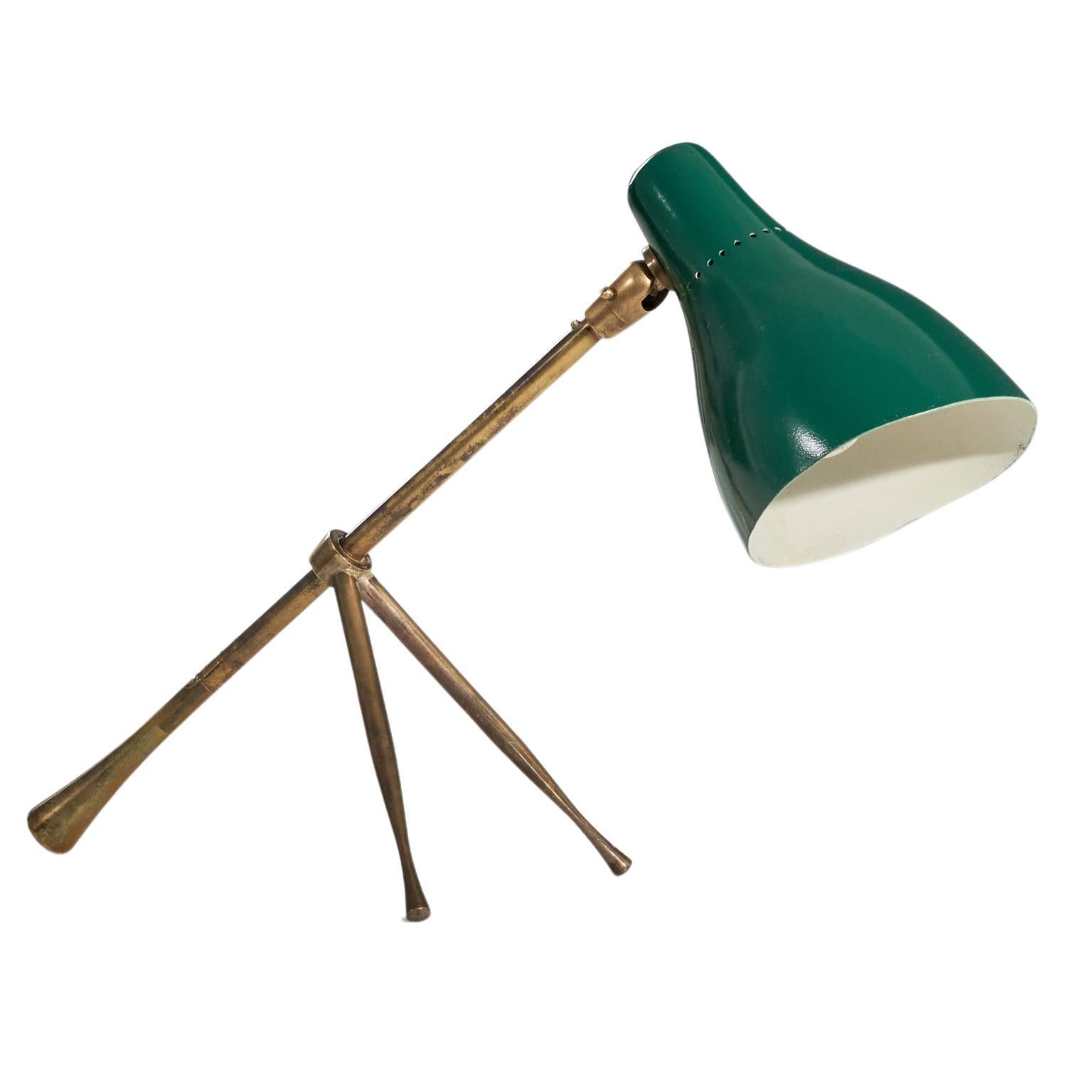 Giuseppe Ostuni, Table Lamp, Brass, Green-Lacquered Metal, O-Luce, Italy, 1950s For Sale