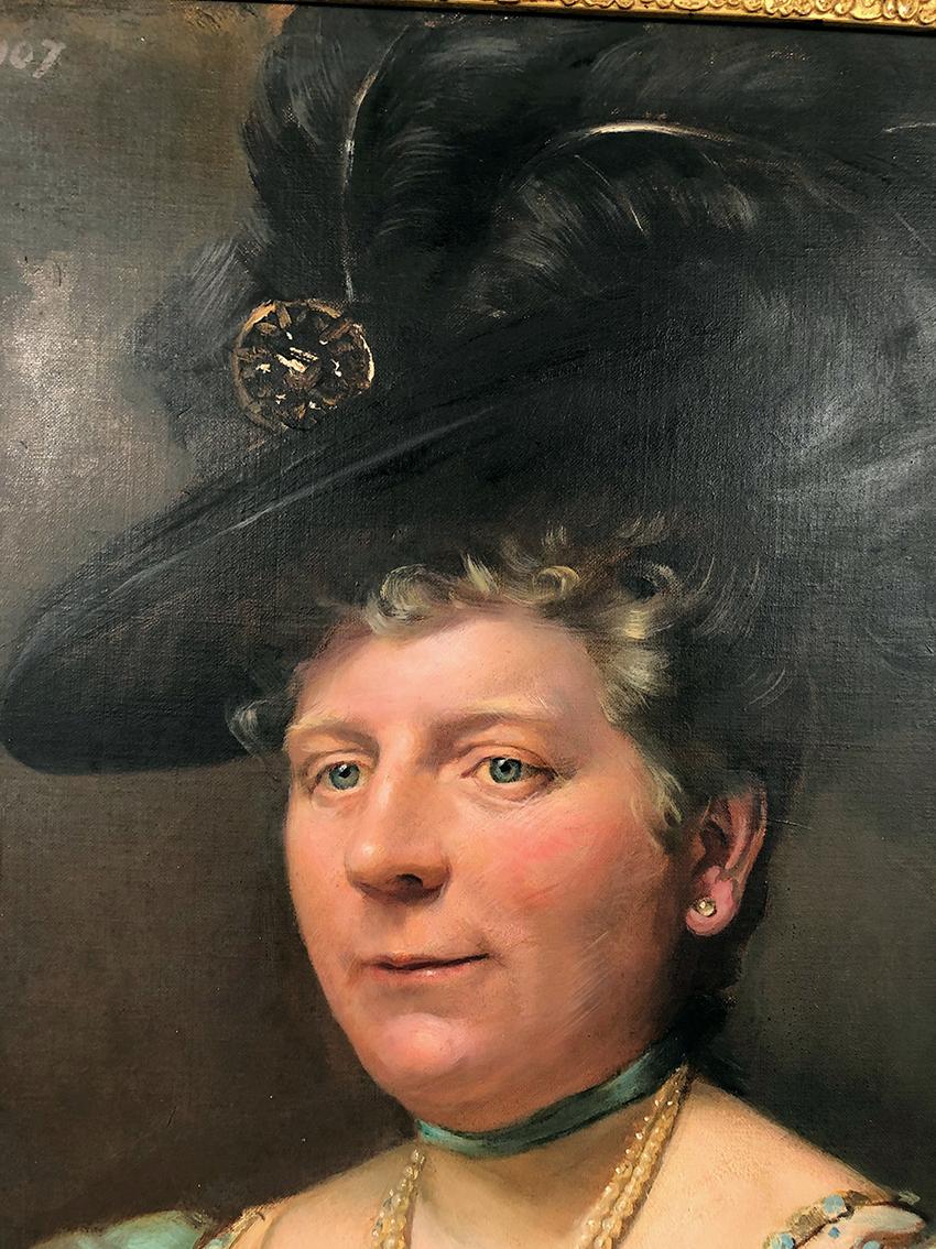 Huile sur toile signée Giuseppe P. Anzino et datée 1907. Porträt von Miss Margar im Angebot 2