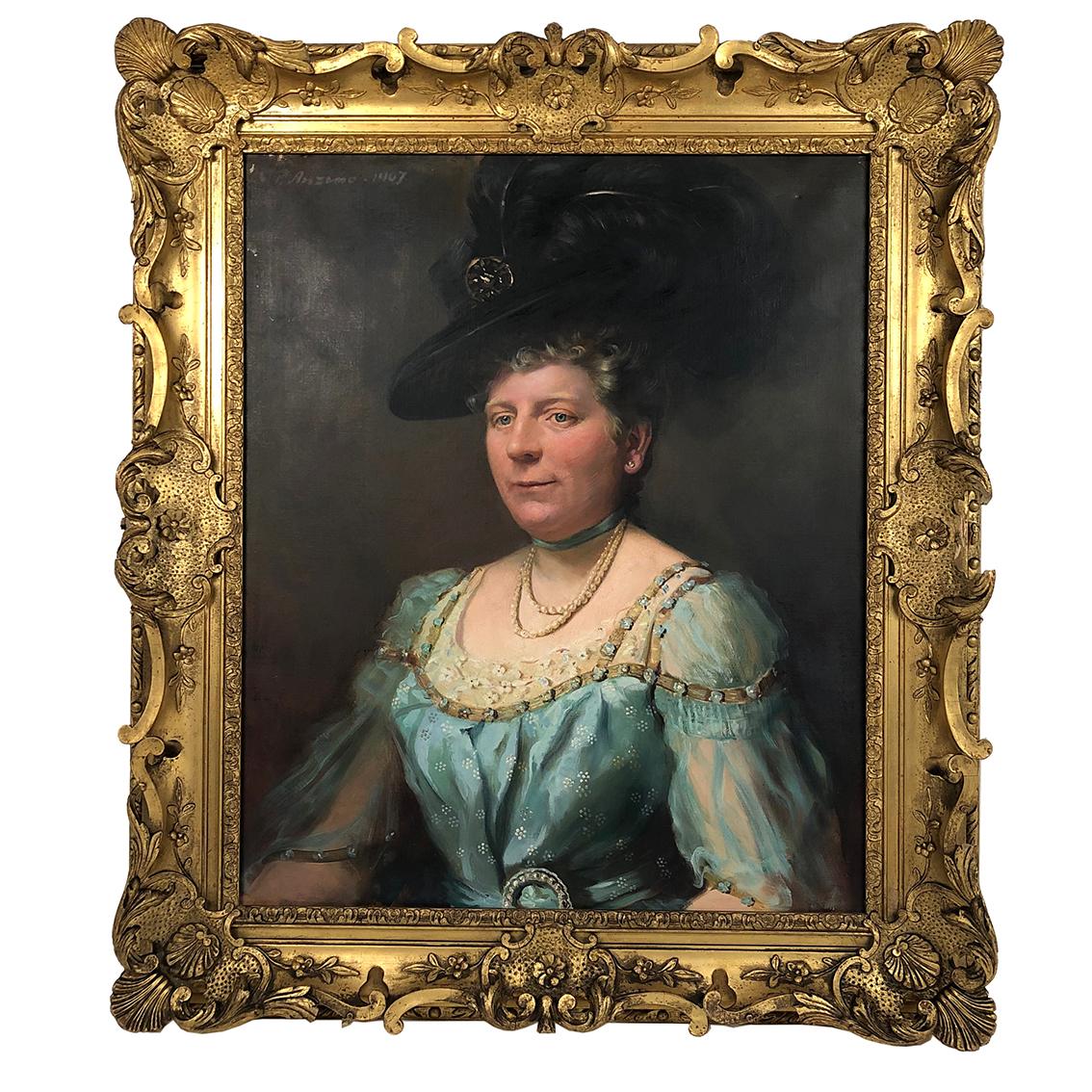 Huile sur toile signée Giuseppe P. Anzino et datée 1907. Portrait de Miss Margaret Elizabeth WAYNE
Très belle facture, en bon état, signé en haut à gauche.
Bel encadrement en bois et stuc doré (quelques manques)
Dimensions cadre : 97 x 84 cm
Vue :