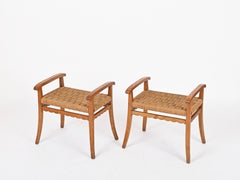 Giuseppe Pagano Pair of Italian Oak and Woven Rope Stools, Italy, 1940s