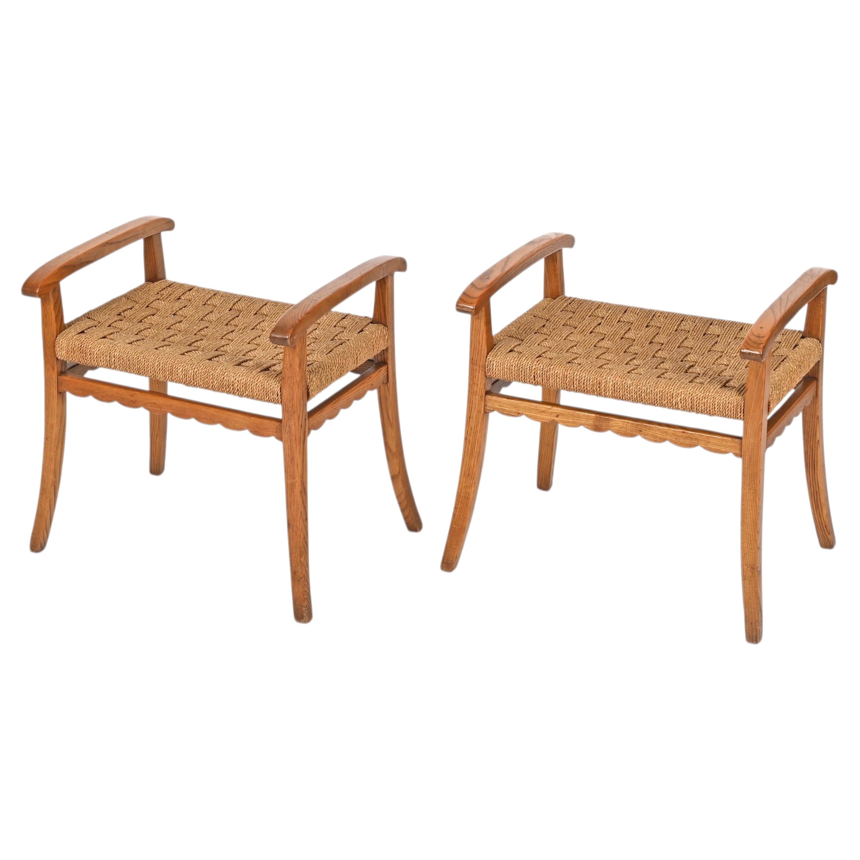 Giuseppe Pagano Pair of Italian Oak and Woven Rope Stools, Italy, 1940s