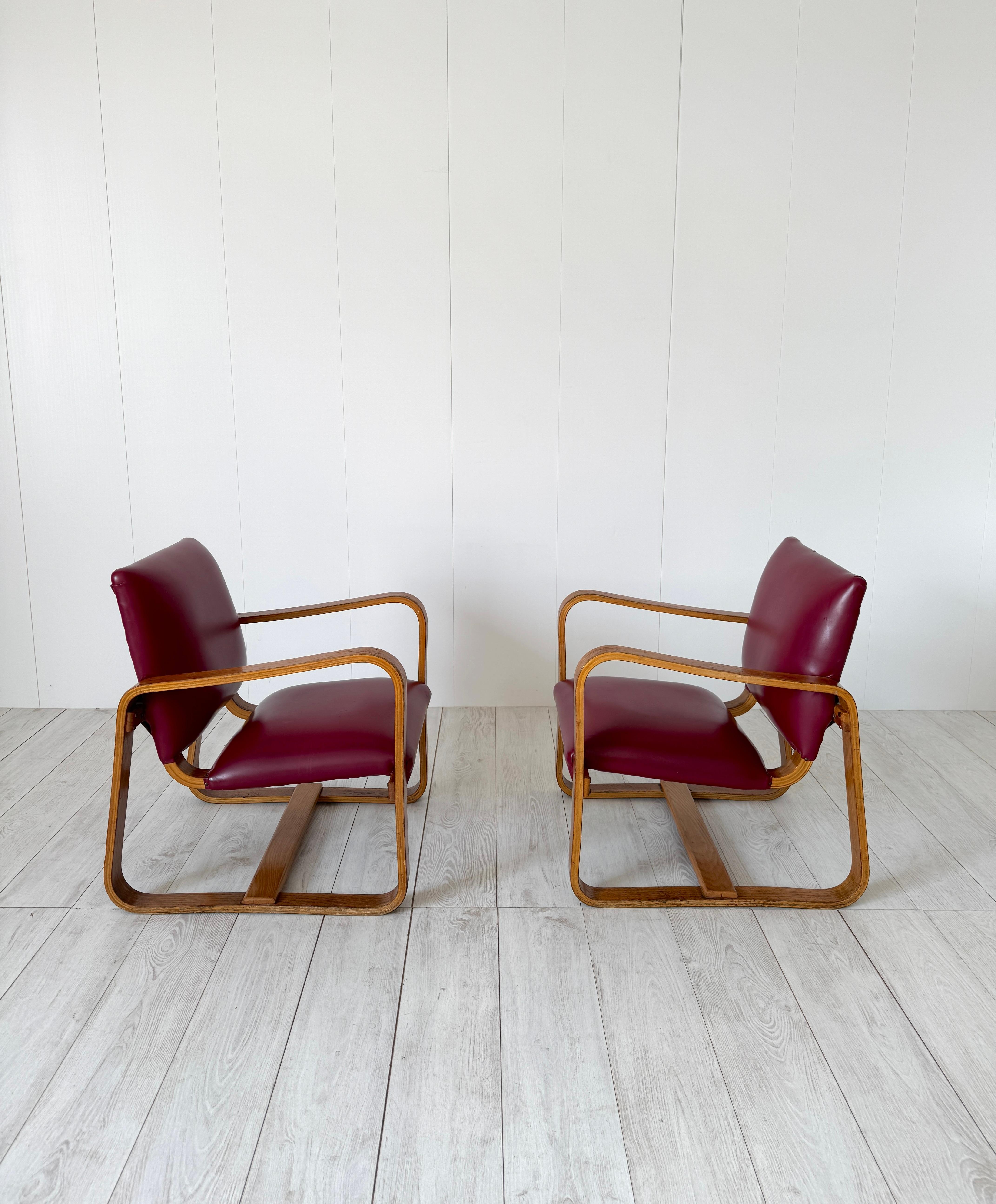 Leather Giuseppe Pagano Pogatschnig, Pair of armchairs mod. Lamellare, 1941 For Sale