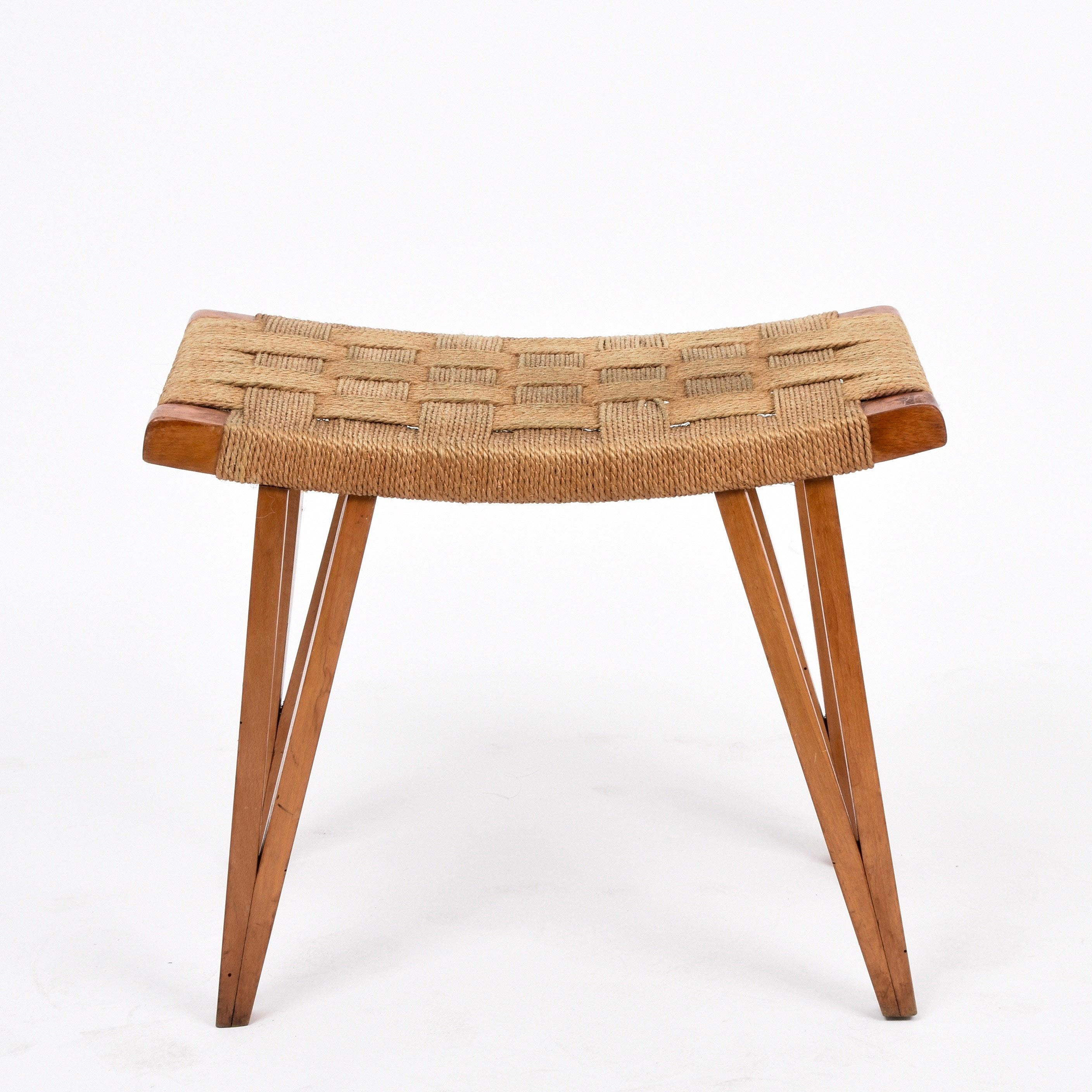 Giuseppe Pagano Pogatschnig Midcentury Wood and Rope Italian Stool, 1940s In Good Condition In Roma, IT