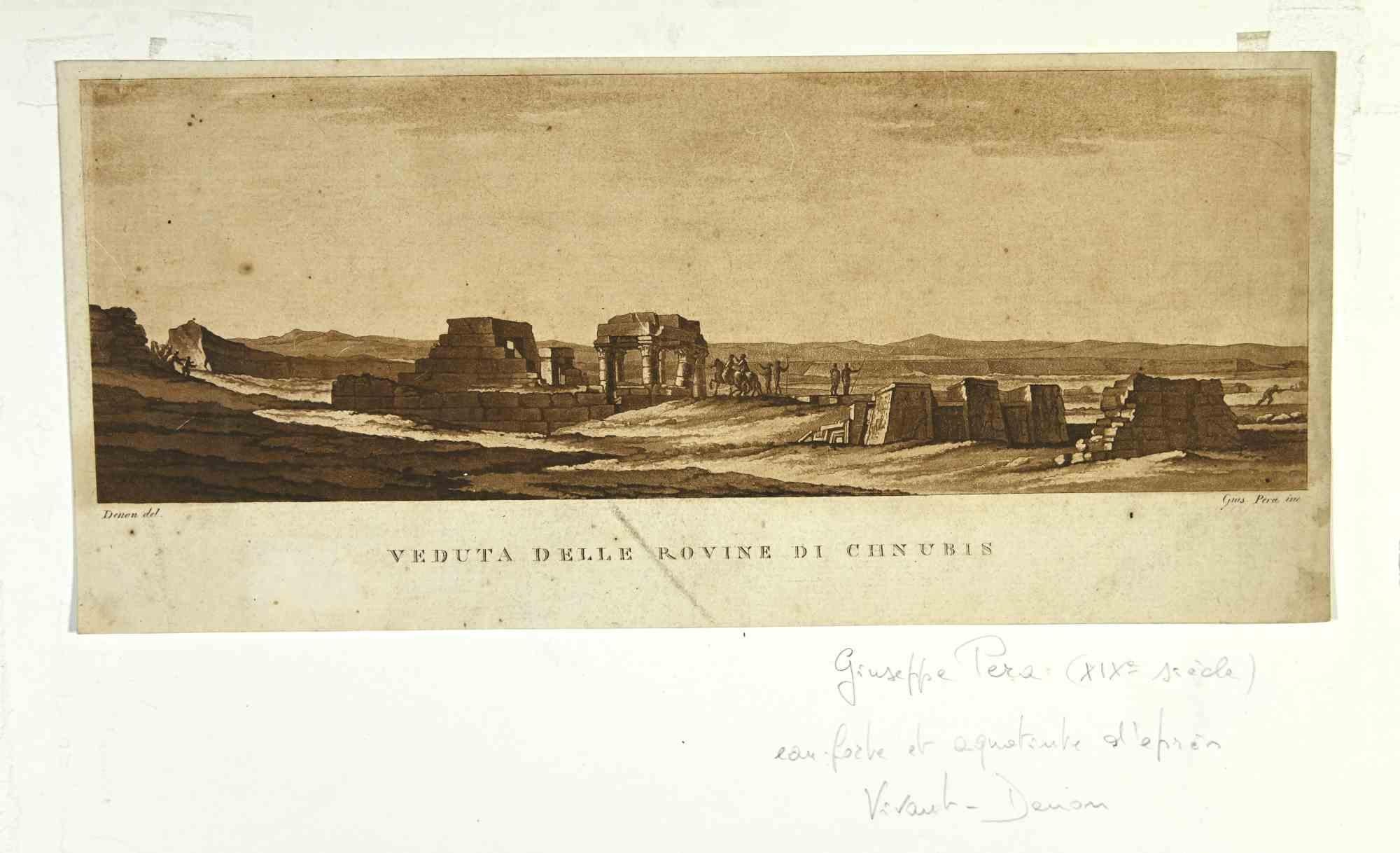 View of Ruin of Chnubis is a print realized by Giuseppe Pera in the late 19th century.

Etching on paper.

Signed on the plate.

Good conditions with foxing.