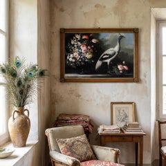 Early 18thC Italian School Still Life With Flowers & Peacock, Oil Painting